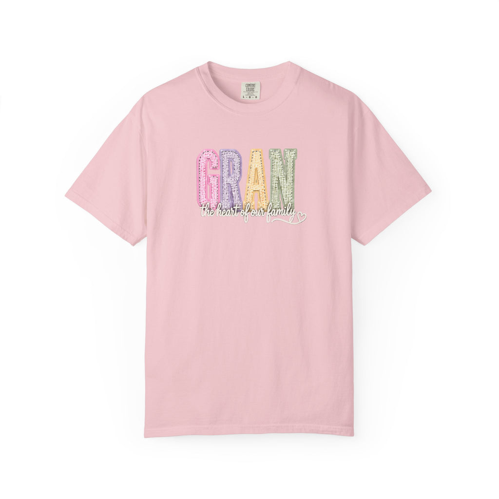 Gran Floral Script T-Shirt — "the heart of my family" Sage Garment-Dyed Tee