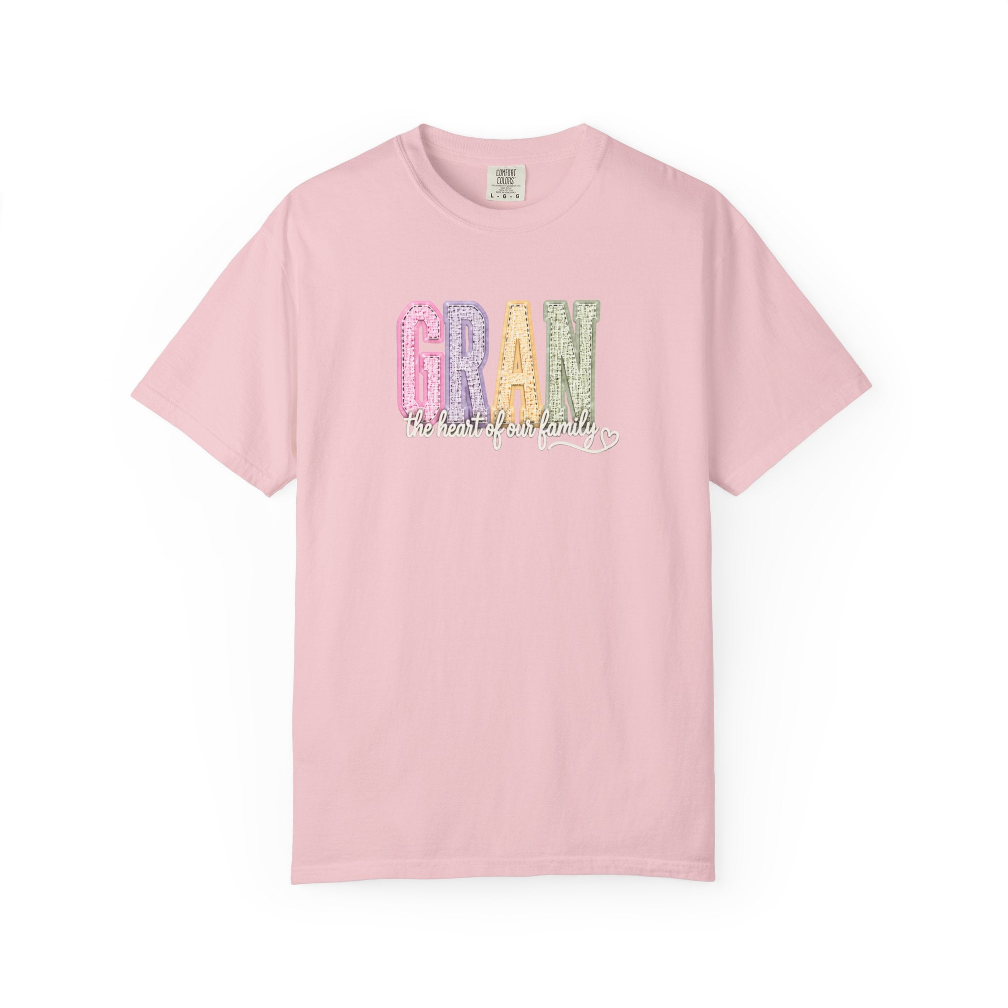 Gran Floral Script T-Shirt — "the heart of my family" Sage Garment-Dyed Tee