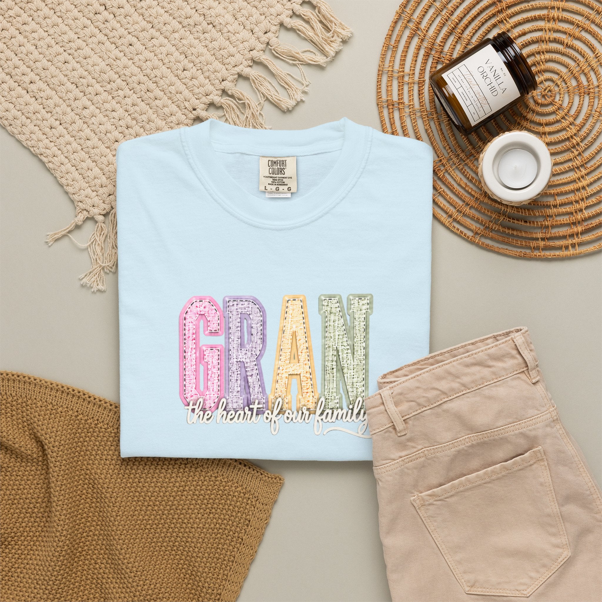 Gran Floral Script T-Shirt — "the heart of my family" Sage Garment-Dyed Tee