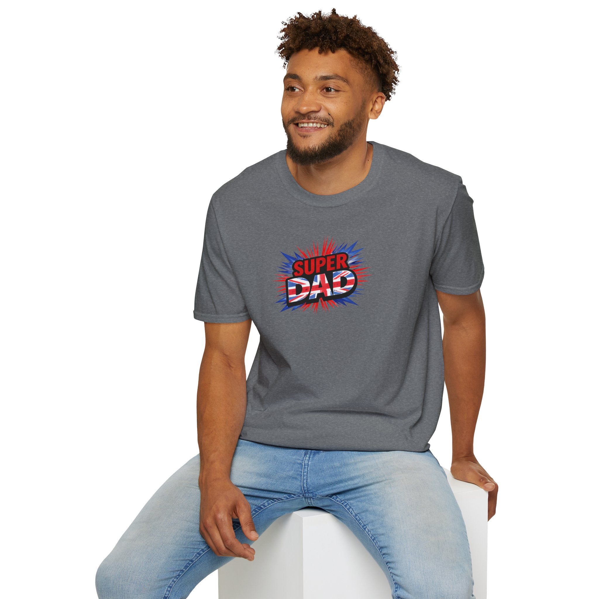Super Dad T-Shirt – Union Jack Flag pattern Retro Comic Father’s Day Tee