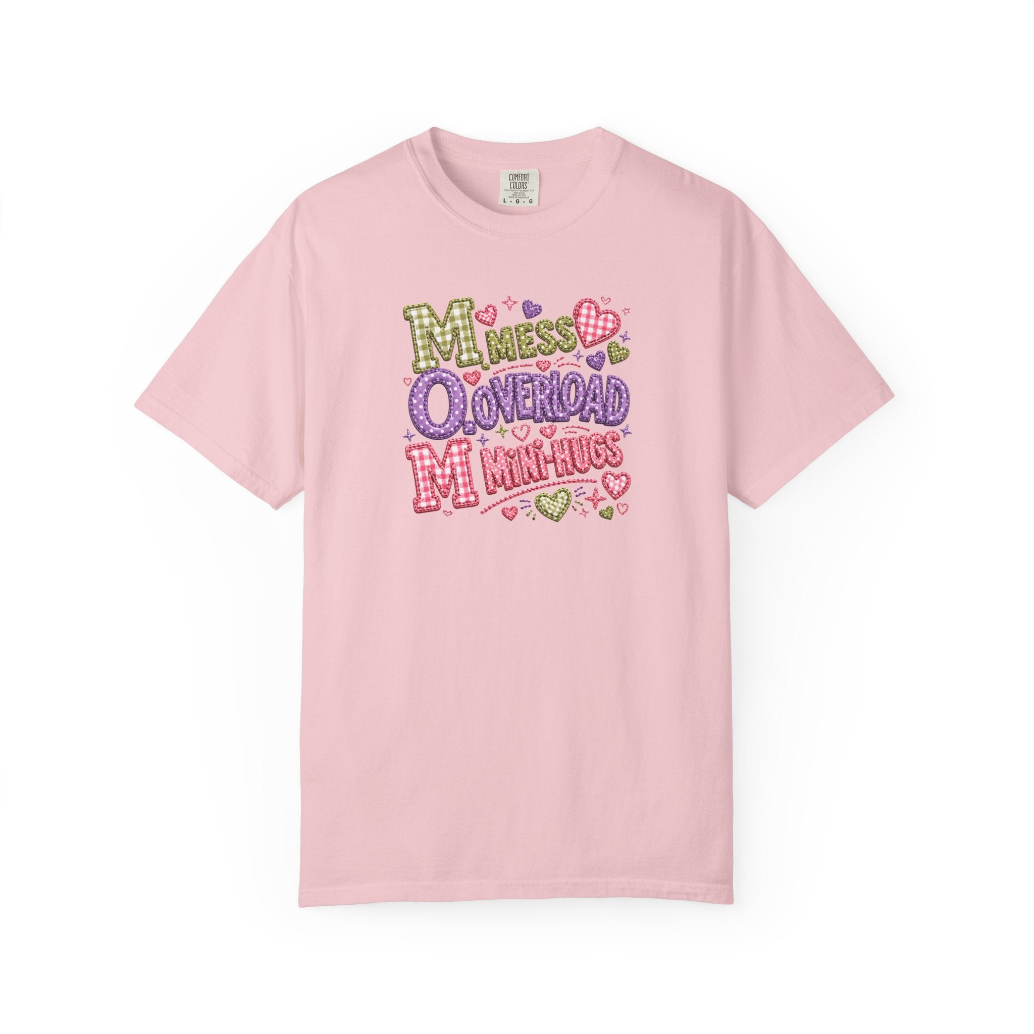 Mess, Overload, Mini-Hugs Hugs T-Shirt — Cute Hand-Lettered Mom Vibes Tee