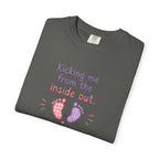 Pregnancy T-Shirt "Kicking Me From the Inside Out" — Cute Baby Footprint Maternity Tee
