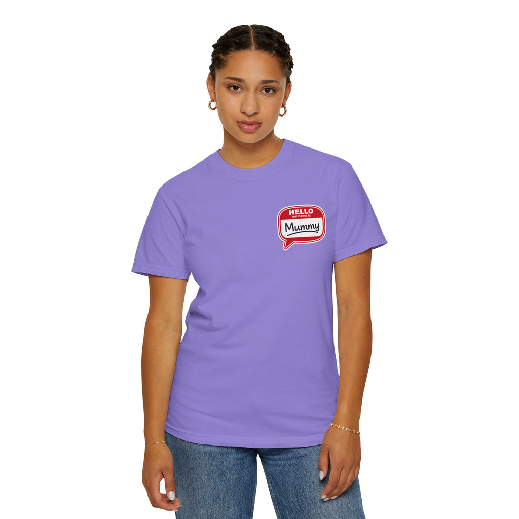 T-Shirt — "Hello Mummy" Retro Name-Tag Graphic
