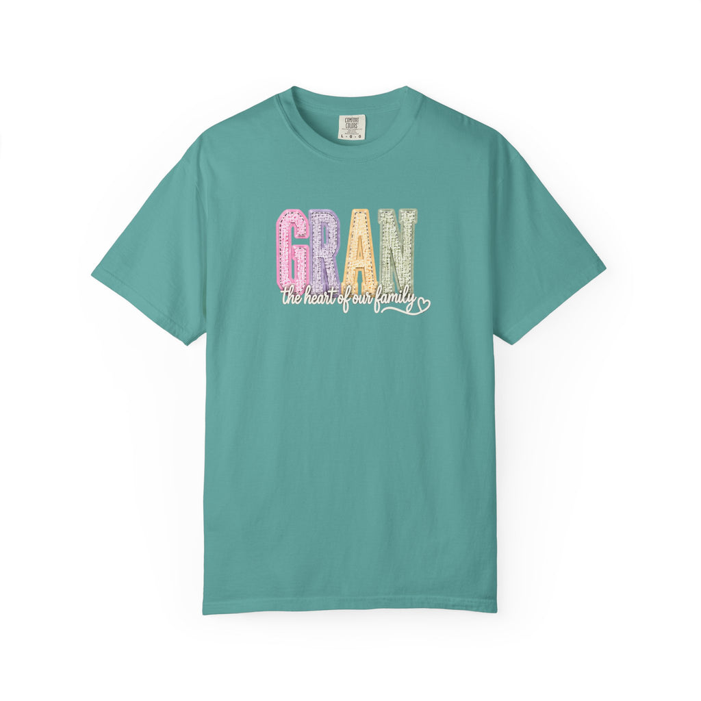 Gran Floral Script T-Shirt — "the heart of my family" Sage Garment-Dyed Tee