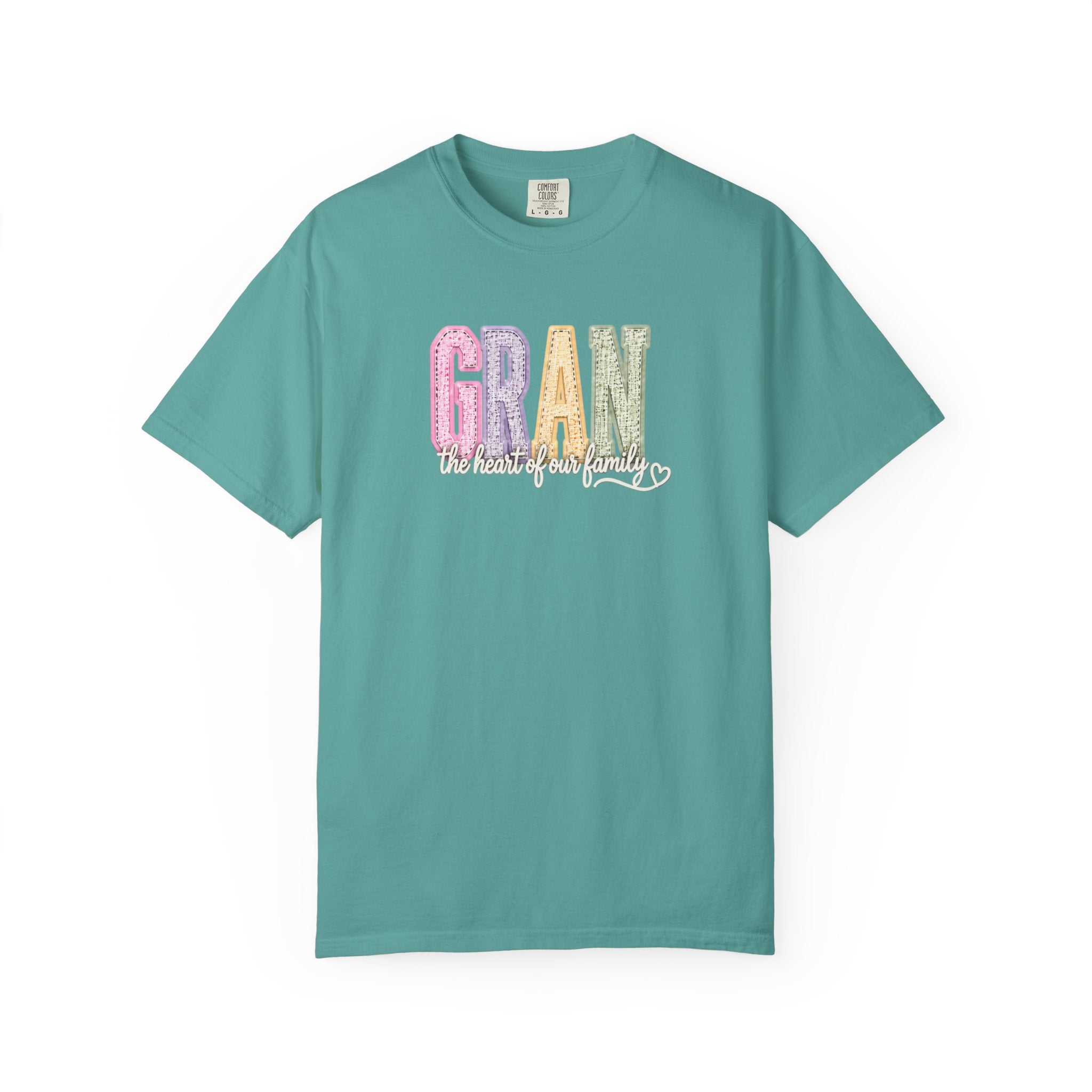 Gran Floral Script T-Shirt — "the heart of my family" Sage Garment-Dyed Tee