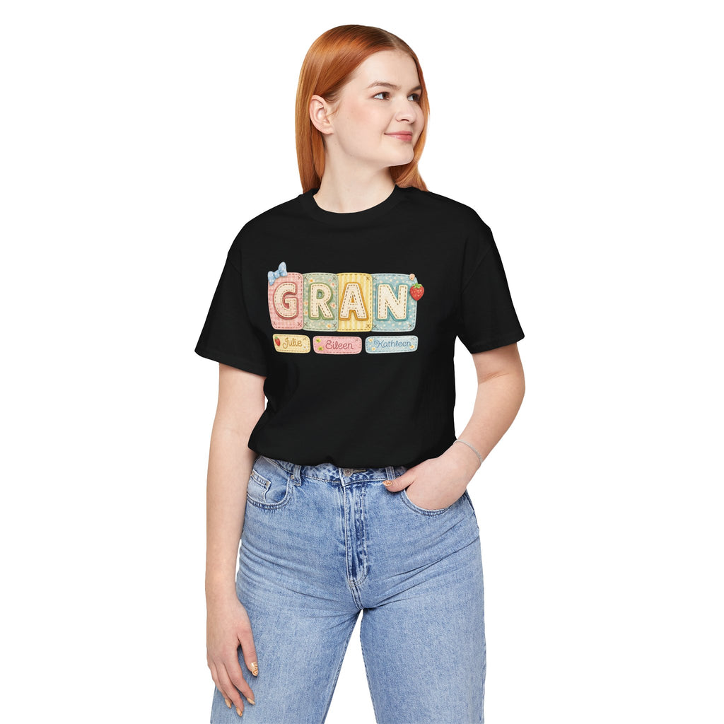 Gran Retro Patch Tee — Personalized 'Gran' Name Blocks Short Sleeve Shirt