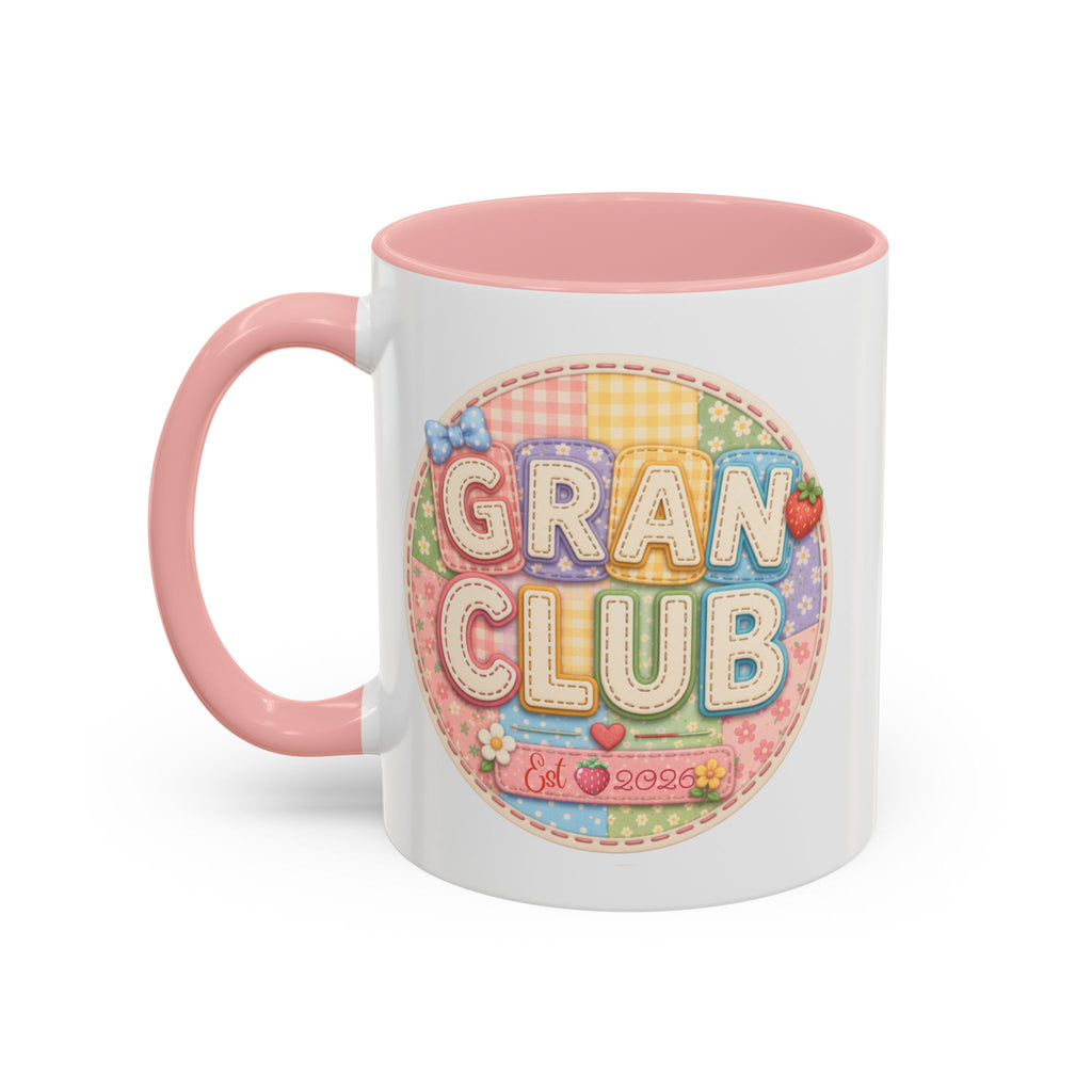 Pink Accent Coffee Mug — Cute Floral "Gran Club" Retro Badge Design