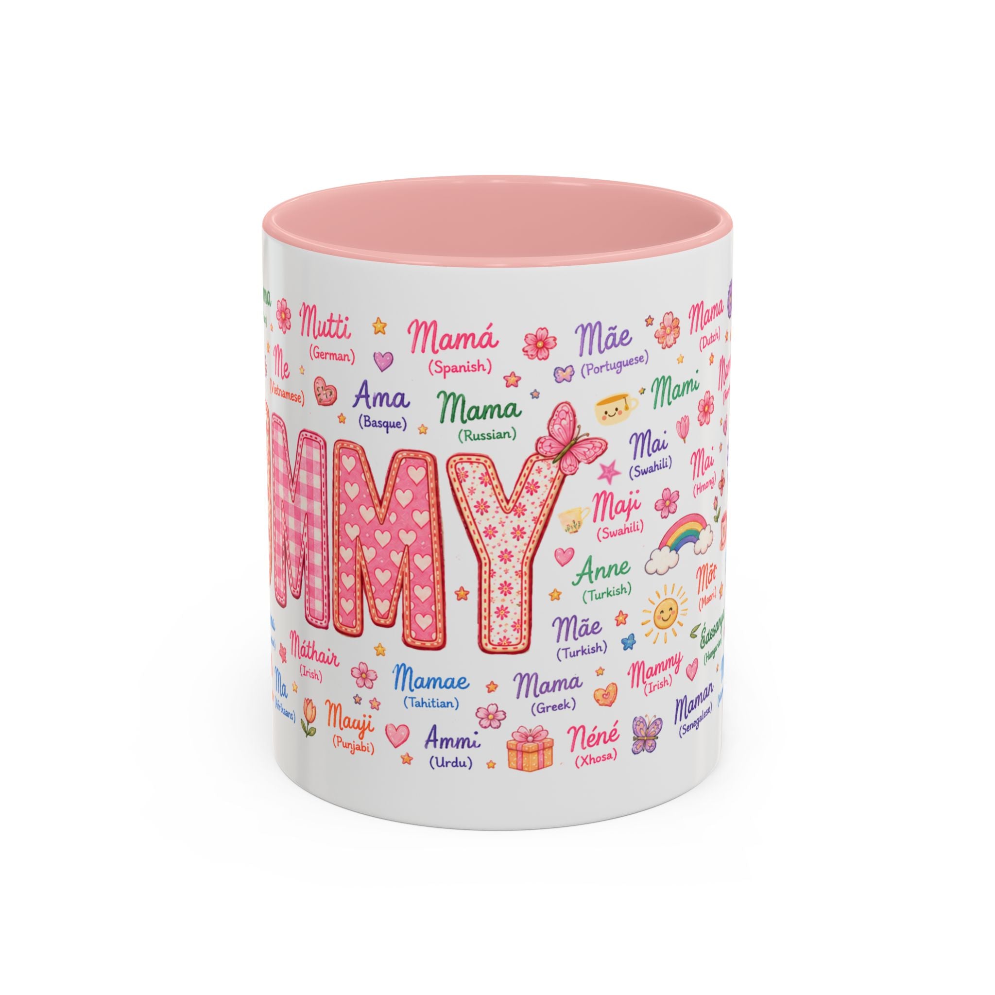 Mommy Coffee Mug — Colorful Multilingual 'Mom' Names Floral Accent 11/15oz