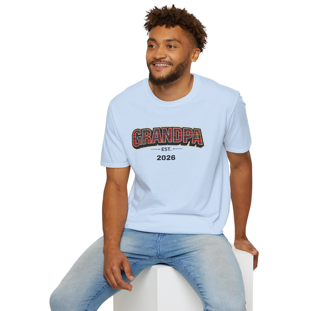 Grandpa EST. 2026 T-Shirt — New Grandpa Plaid Announcement Tee