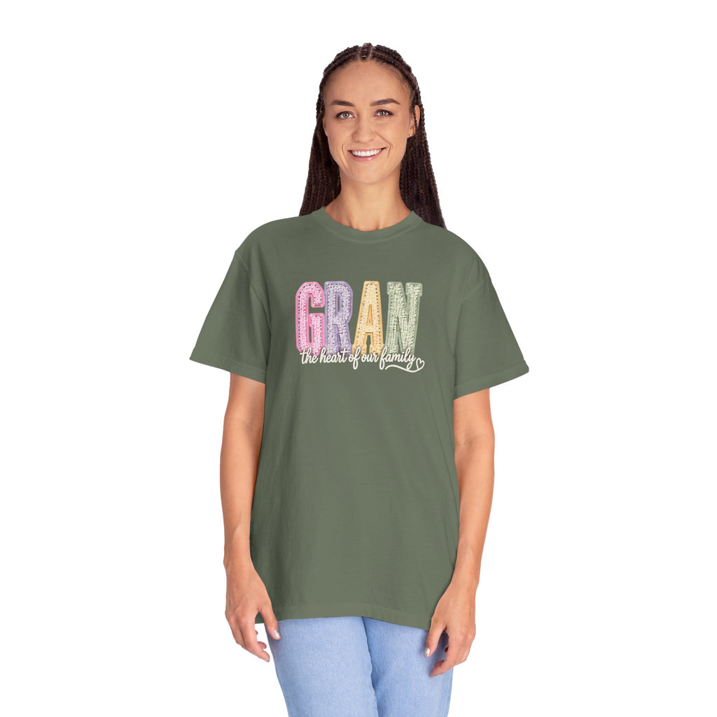 Gran Floral Script T-Shirt — "the heart of my family" Sage Garment-Dyed Tee