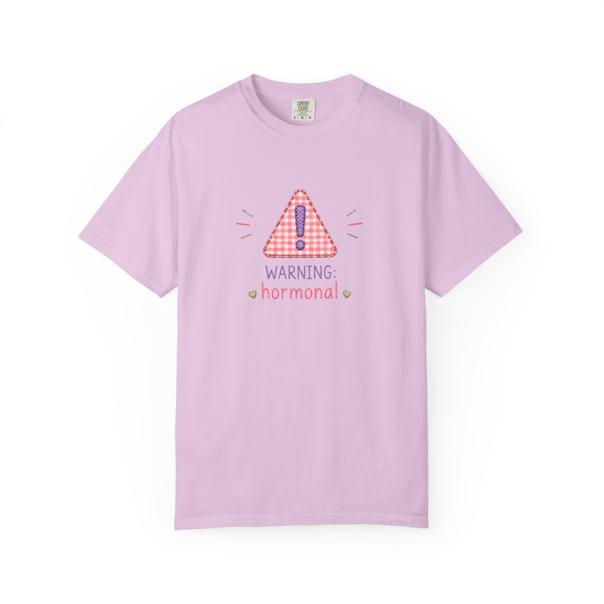 T-Shirt — "Warning: Hormonal" Cute Pink Gingham Alert Graphic