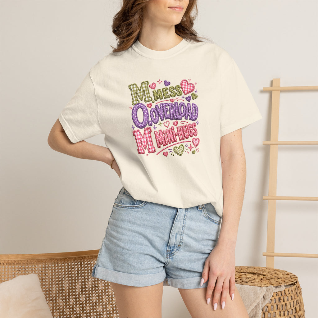 Mess, Overload, Mini-Hugs Hugs T-Shirt — Cute Hand-Lettered Mom Vibes Tee