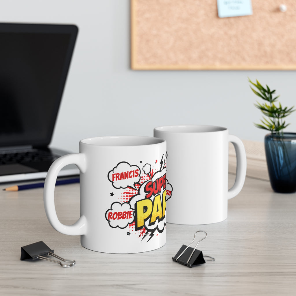 Super Papa Comic-Style 11oz White Mug — Personalized Names Gift for Dad