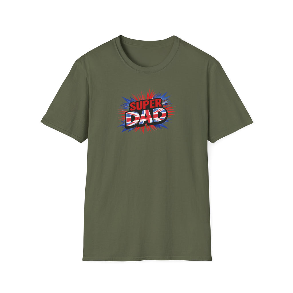 Super Dad T-Shirt – Union Jack Flag pattern Retro Comic Father’s Day Tee