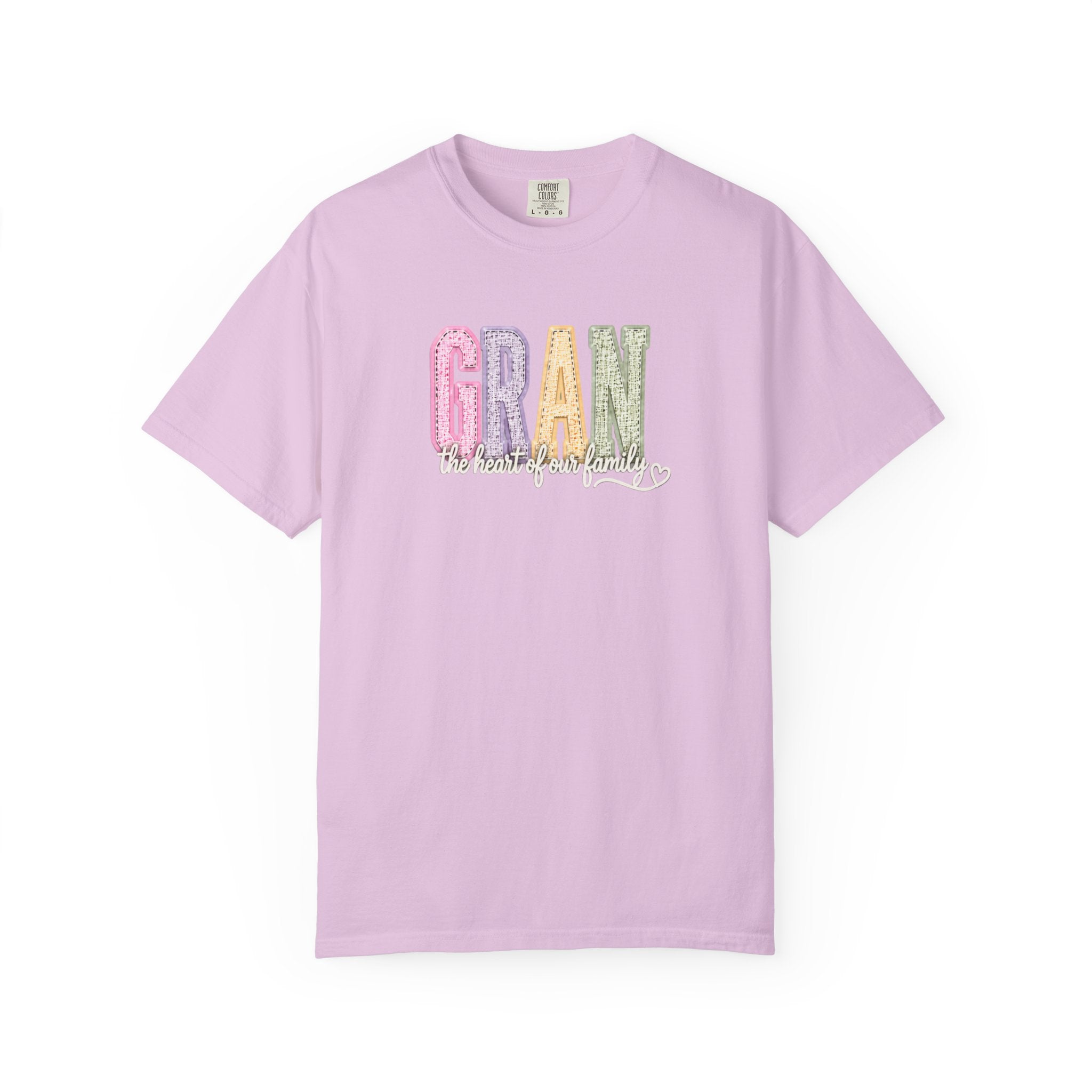 Gran Floral Script T-Shirt — "the heart of my family" Sage Garment-Dyed Tee