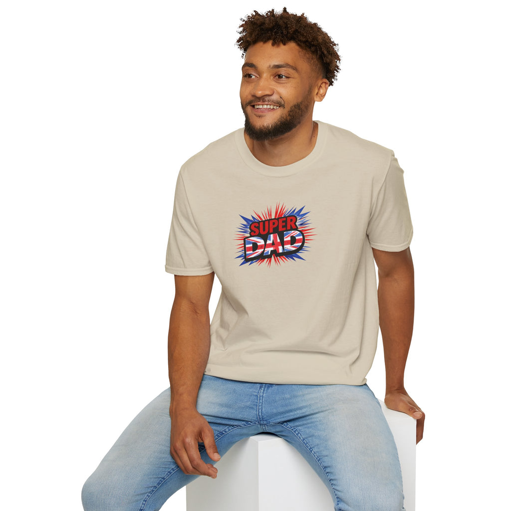 Super Dad T-Shirt – Union Jack Flag pattern Retro Comic Father’s Day Tee