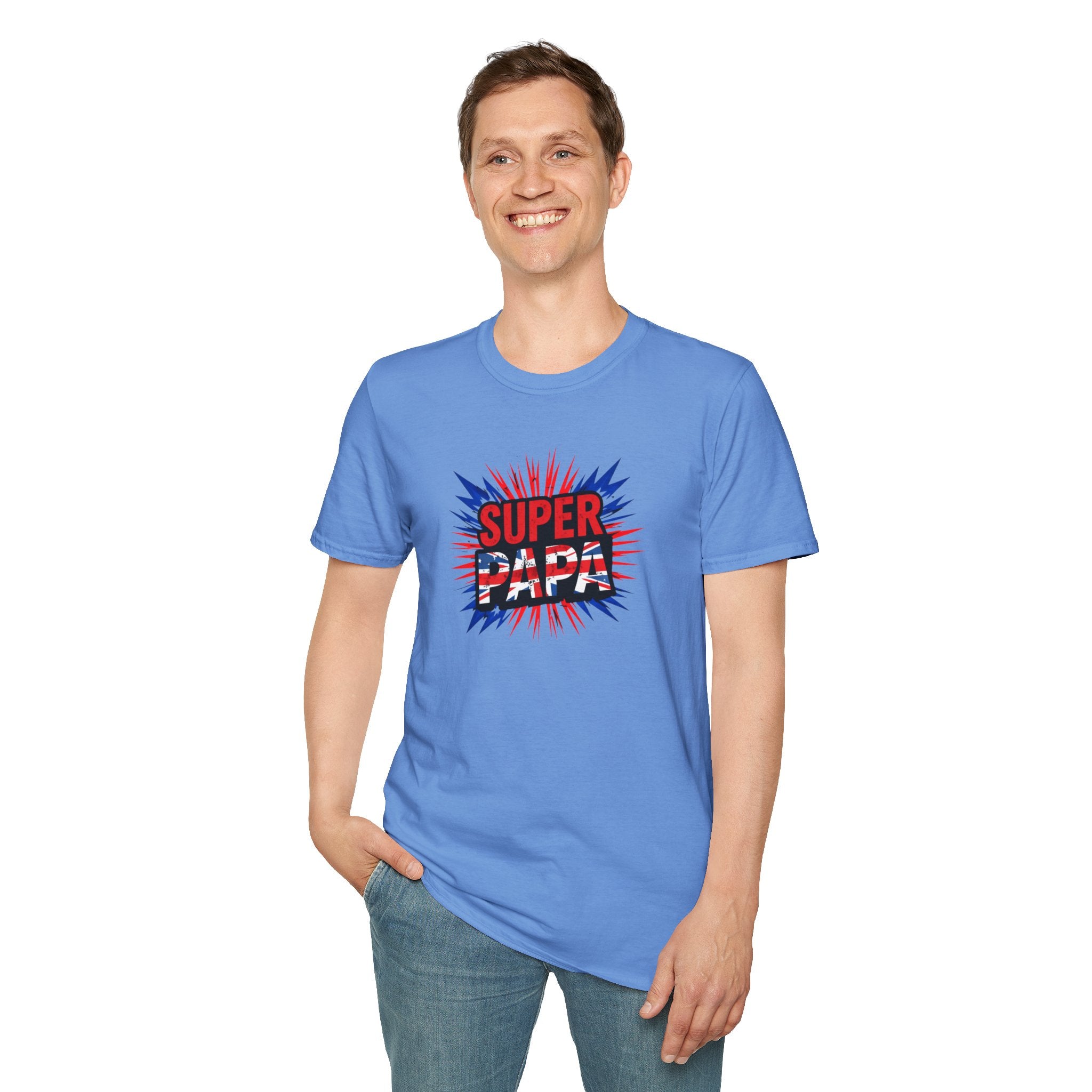T-Shirt — "Super Papa" Union Jack/England themed Retro Comic Dad Shirt (Father's Day Gift)