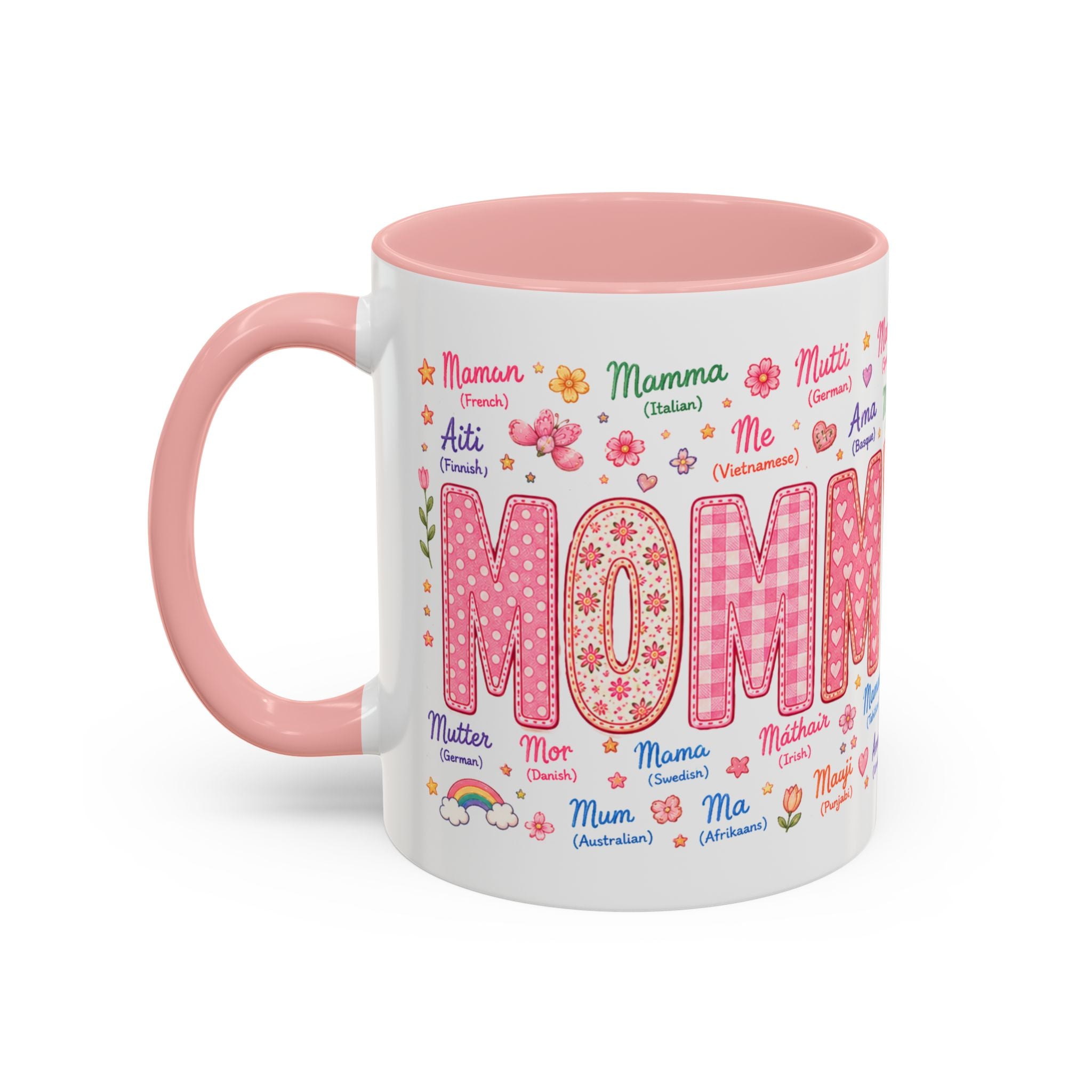 "MOMMY" Accent Coffee Mug – Multilingual 'Mom' Floral Pink 11/15oz