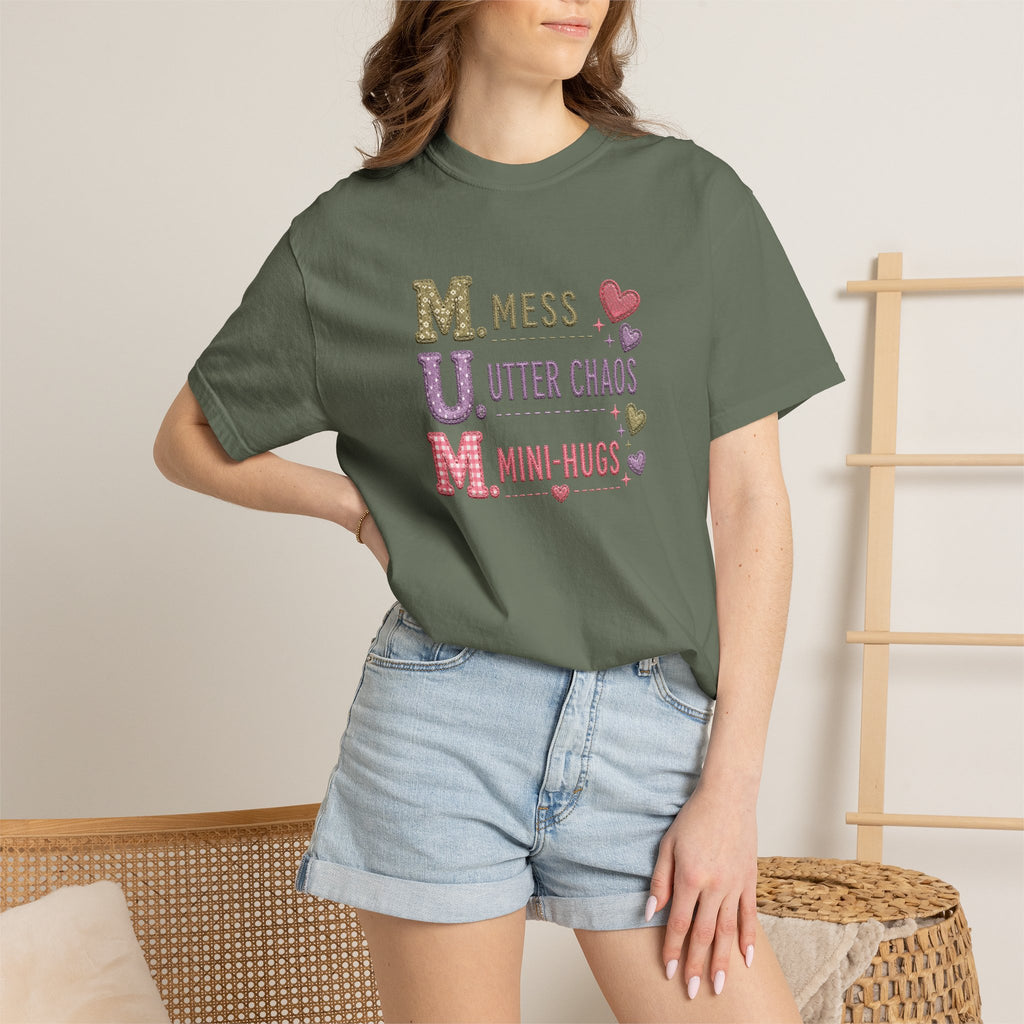 Mom Acronym T-Shirt — "M.U.M. Mess, Utter Chaos, Mini-Hugs" Cute Mom Graphic Tee