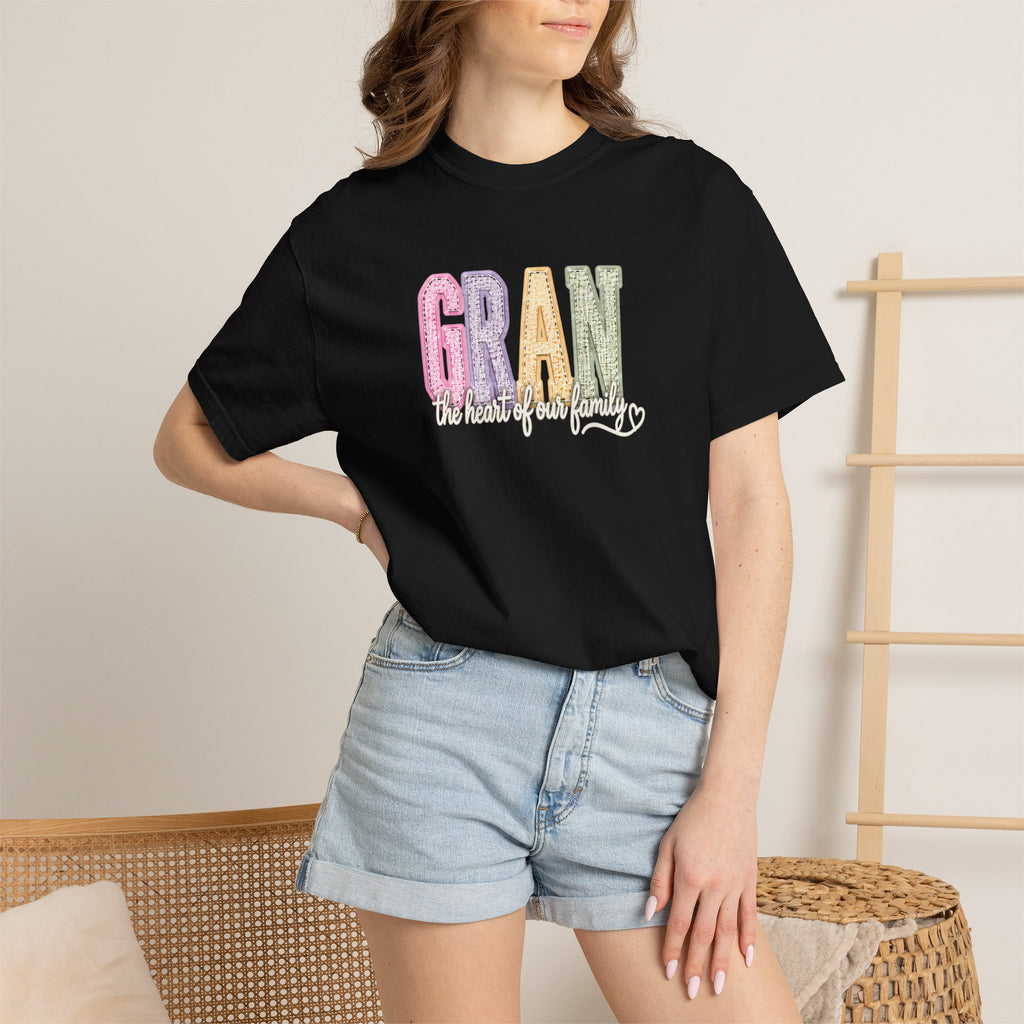 Gran Floral Script T-Shirt — "the heart of my family" Sage Garment-Dyed Tee