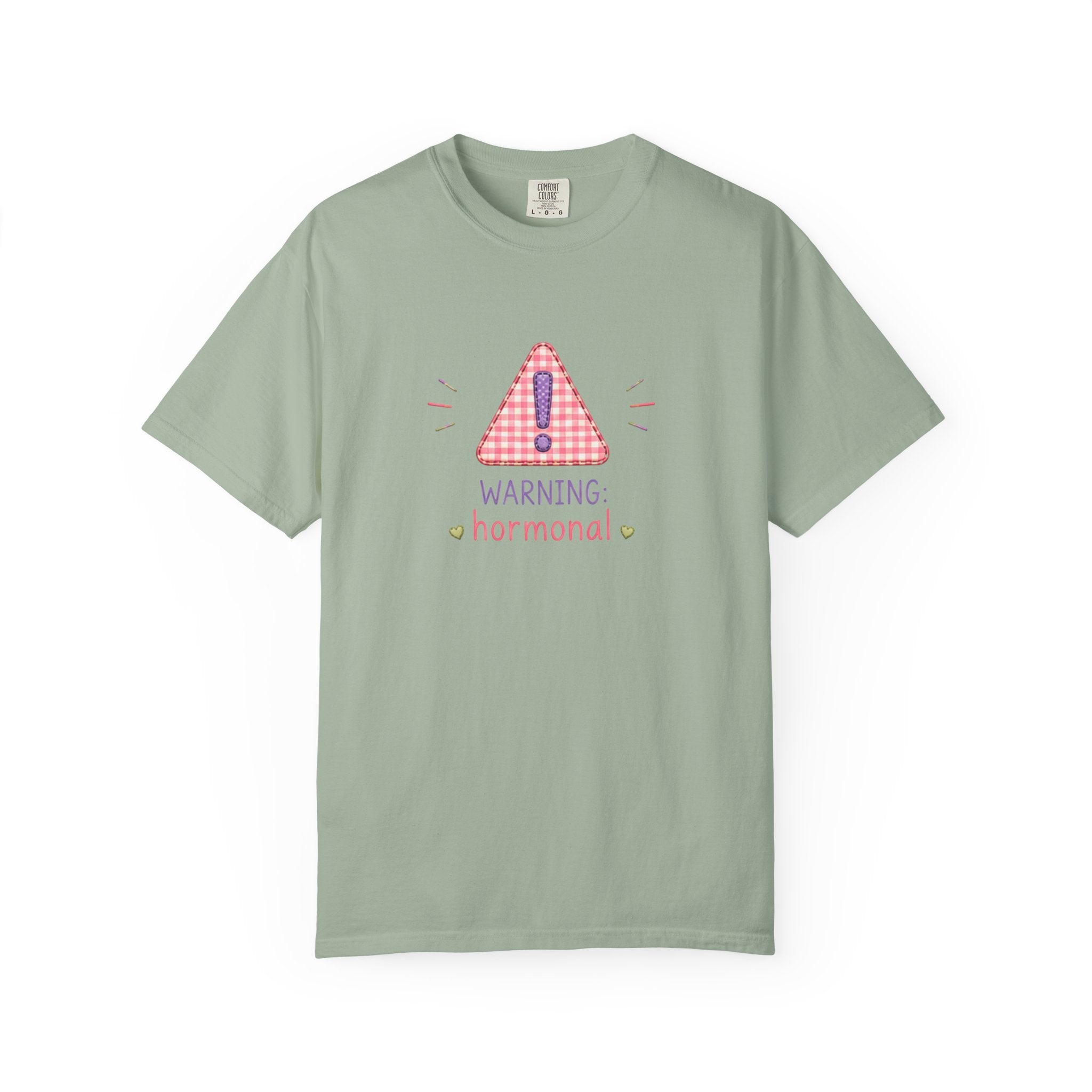 T-Shirt — "Warning: Hormonal" Cute Pink Gingham Alert Graphic