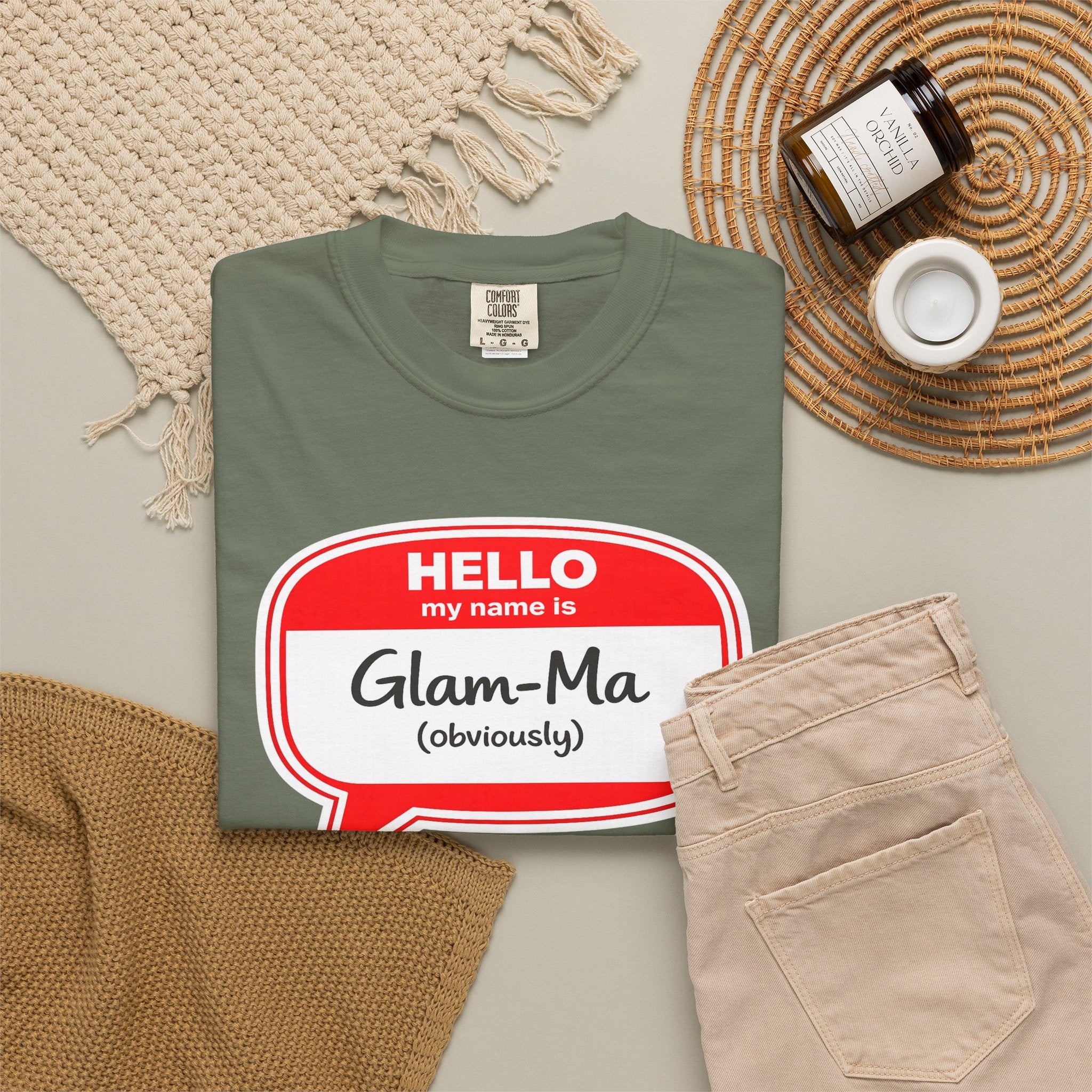 Glam-Ma Name Tag T-Shirt — "Hello My Name Is Glam-Ma (Obviously)" Graphic Tee