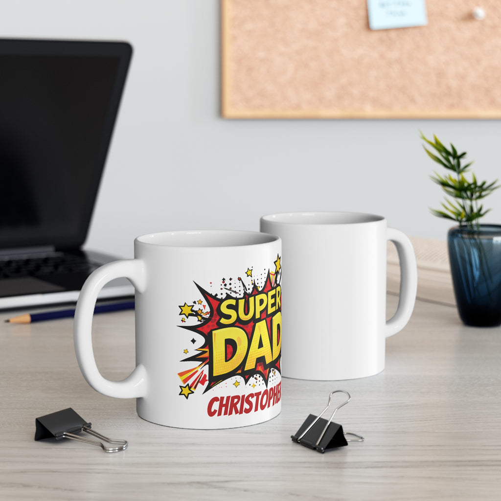 Super Dad Personalized Mug — Comic Book Father’s Day Coffee Cup (Custom Name)