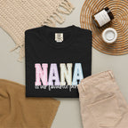 Nana Pastel Patchwork Tee — Soft White "NANA" Graphic T-Shirt for Grandmothers