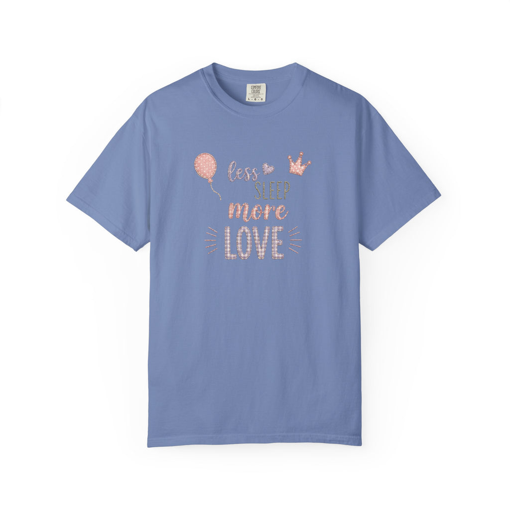 Less Sleep More Love T-Shirt – Pregnancy Announcment Cute Pink Balloon & Crown Graphic Tee