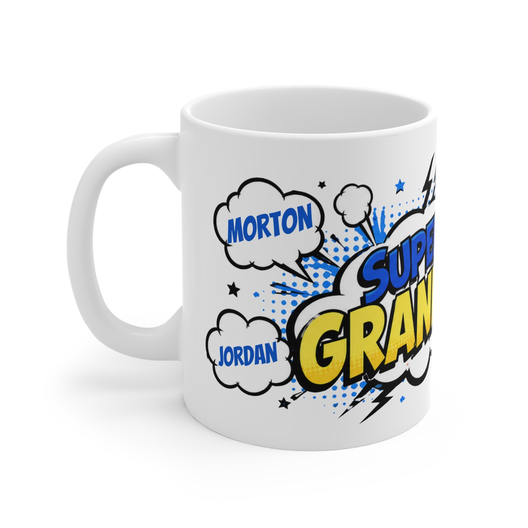 Super Grandad Comic-Style Mug — Personalized Names Pop Art Coffee Cup