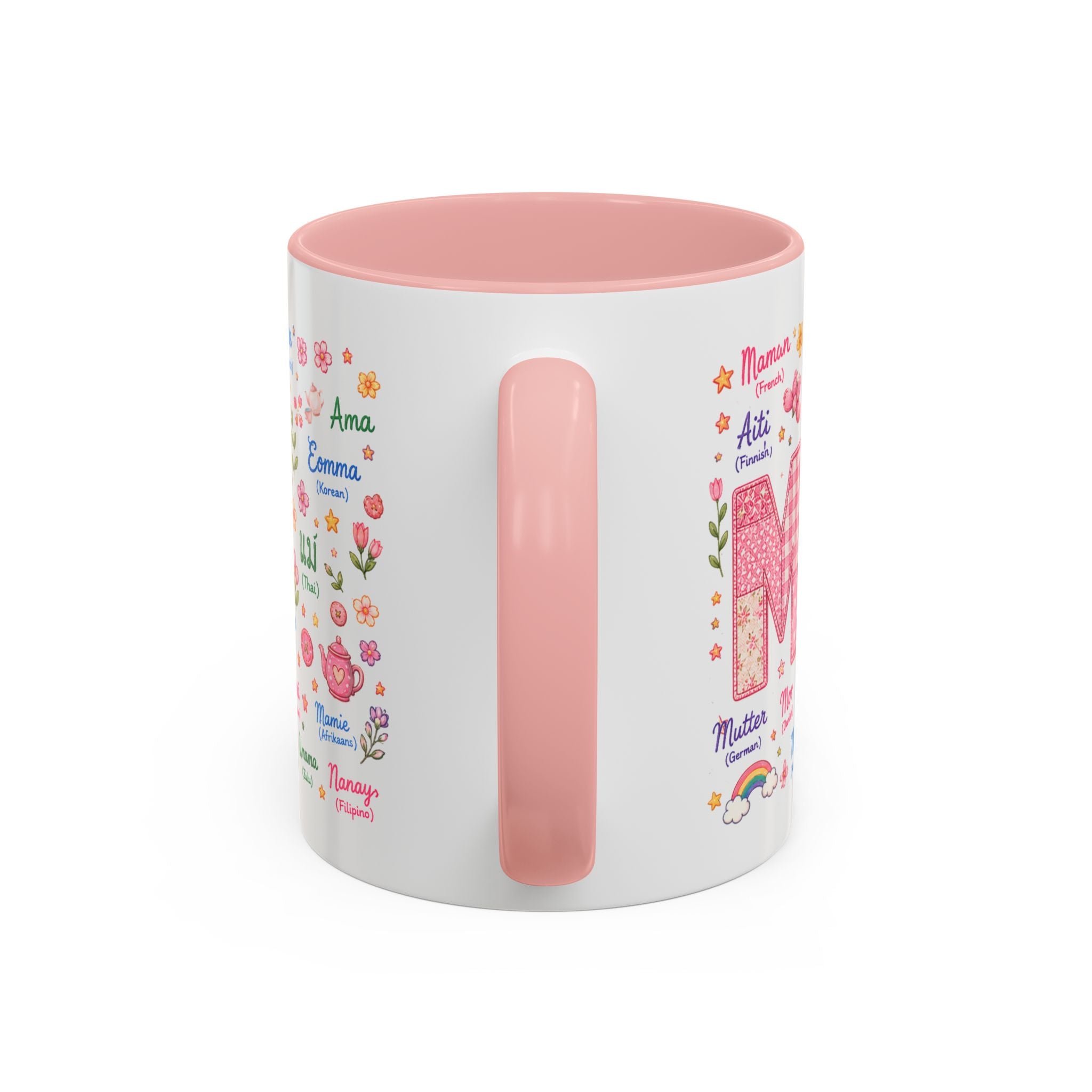 Mother’s Day Accent Coffee Mug — 'Mom' in Many Languages, Floral Multicolor Design