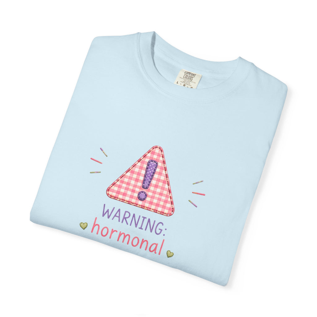 T-Shirt — "Warning: Hormonal" Cute Pink Gingham Alert Graphic