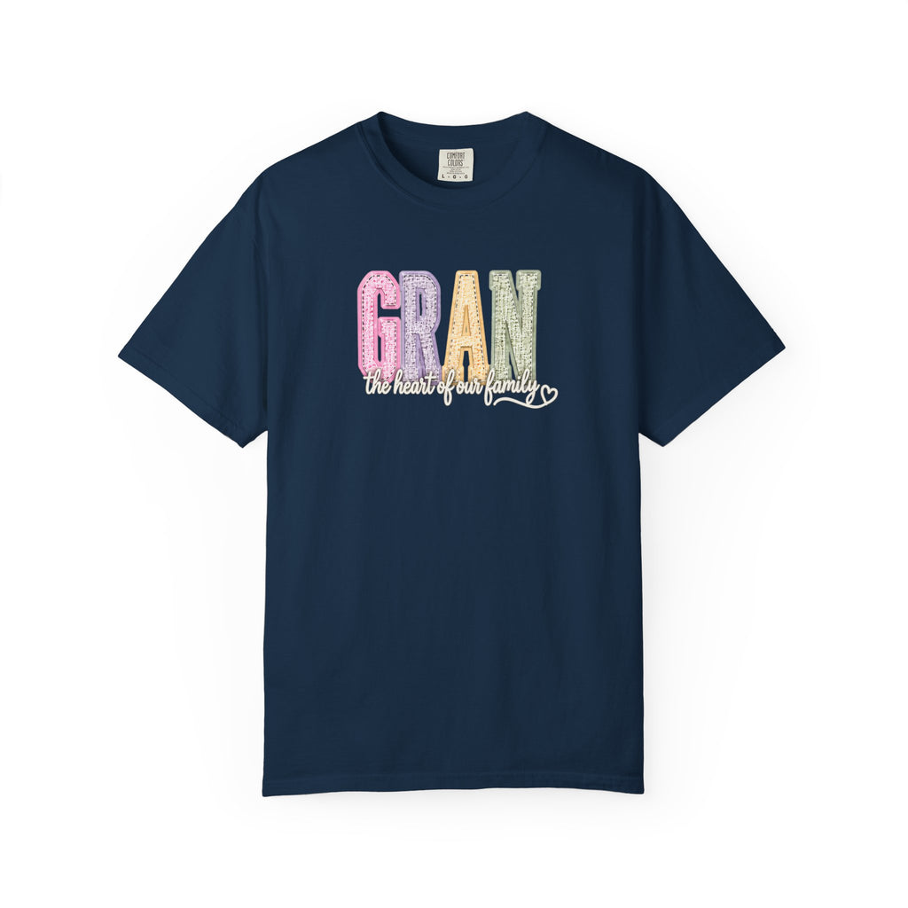 Gran Floral Script T-Shirt — "the heart of my family" Sage Garment-Dyed Tee