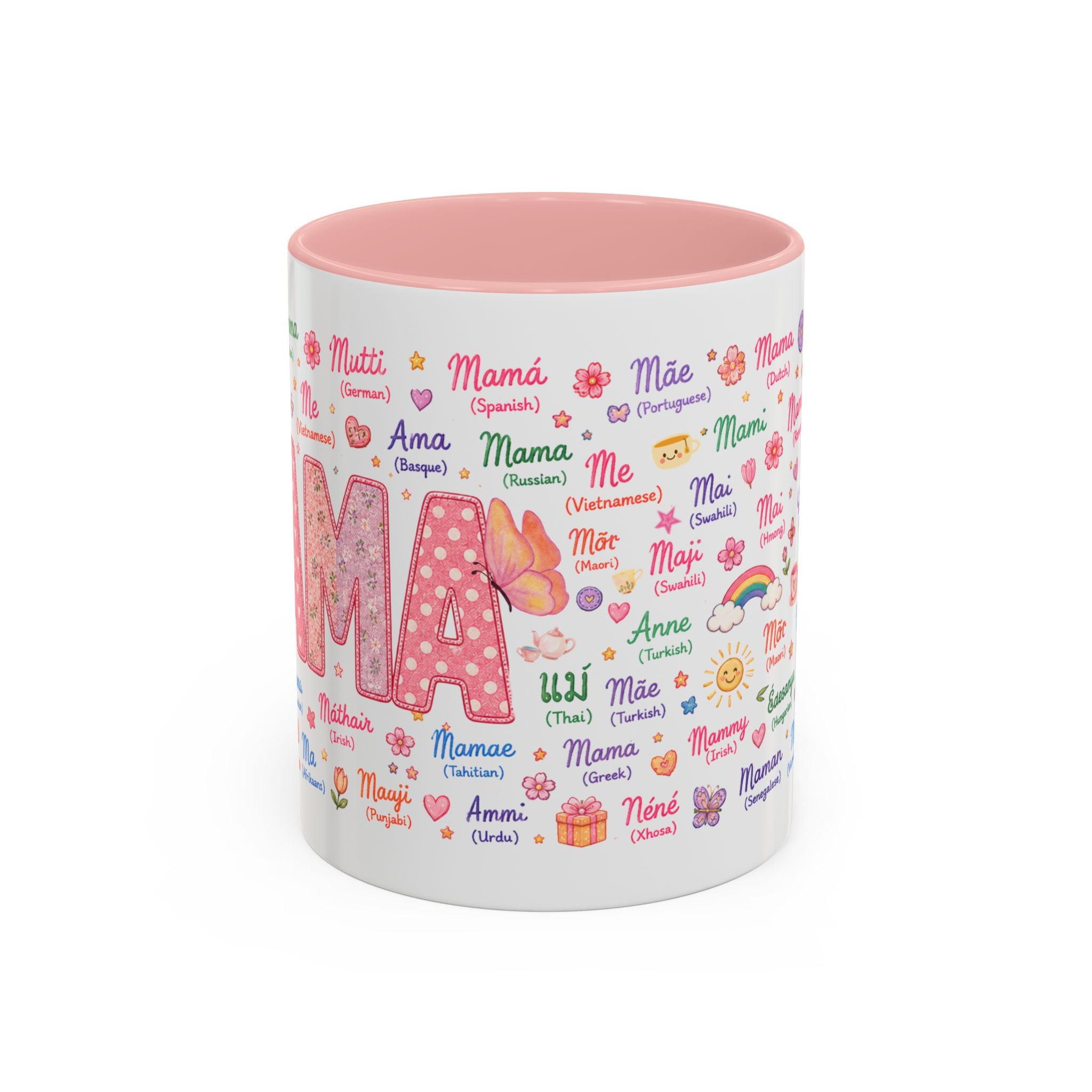 "MAMA" Multilingual Accent Coffee Mug — Pink Inside (11/15oz)