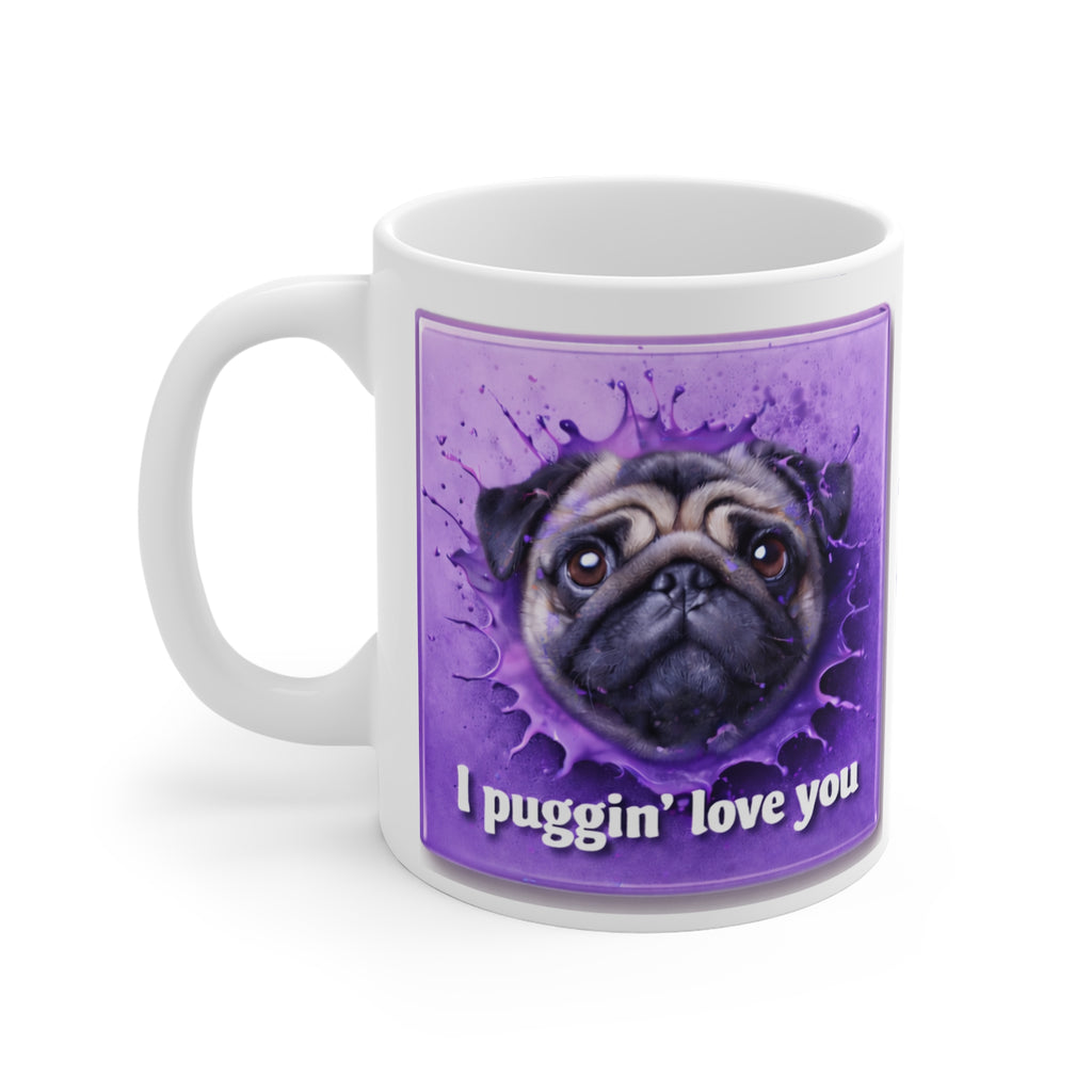 Pug Mug — "I Puggin' Love You" Personalized Coffee Cup (Custom Name, Purple Dog Design)