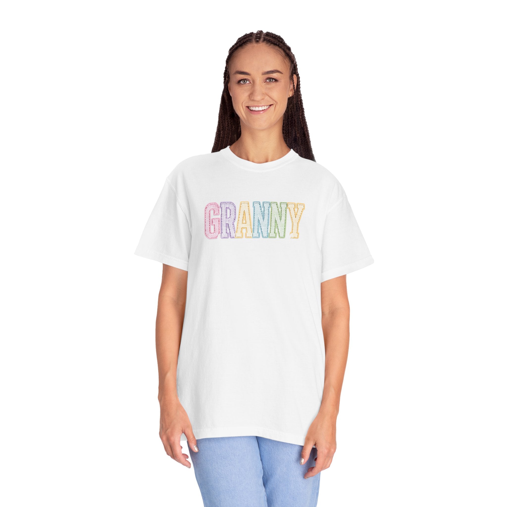 Granny Pastel Patchwork T-Shirt — Retro Rainbow 'GRANNY' Graphic Tee