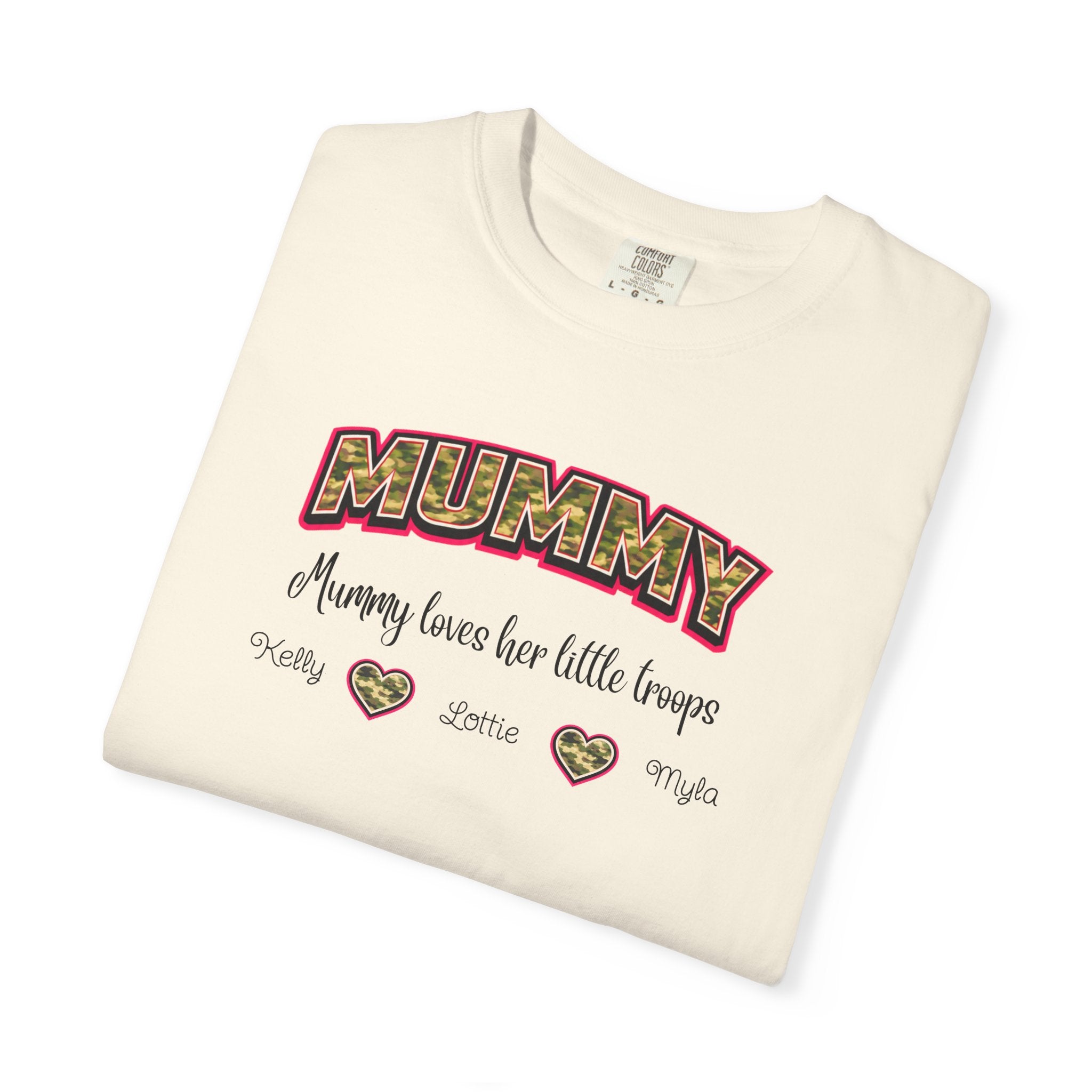 Mummy Camo Heart Graphic T-Shirt — "Mummy, leave her little layers" Retro Mum Tee