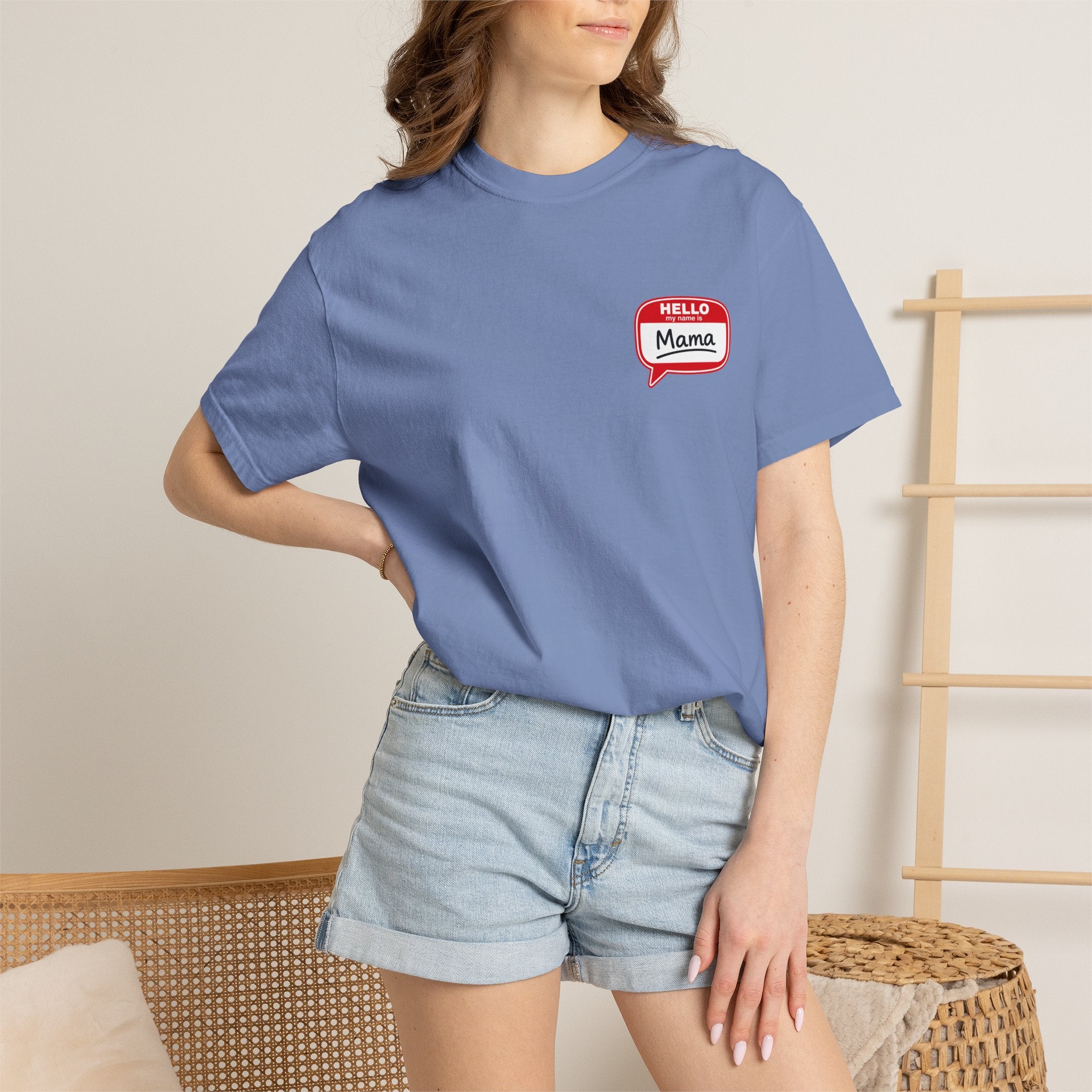 Hello Mama Pocket T‑Shirt — Cute 'Hello Mama' Name Tag Graphic Tee for New and Expecting Moms