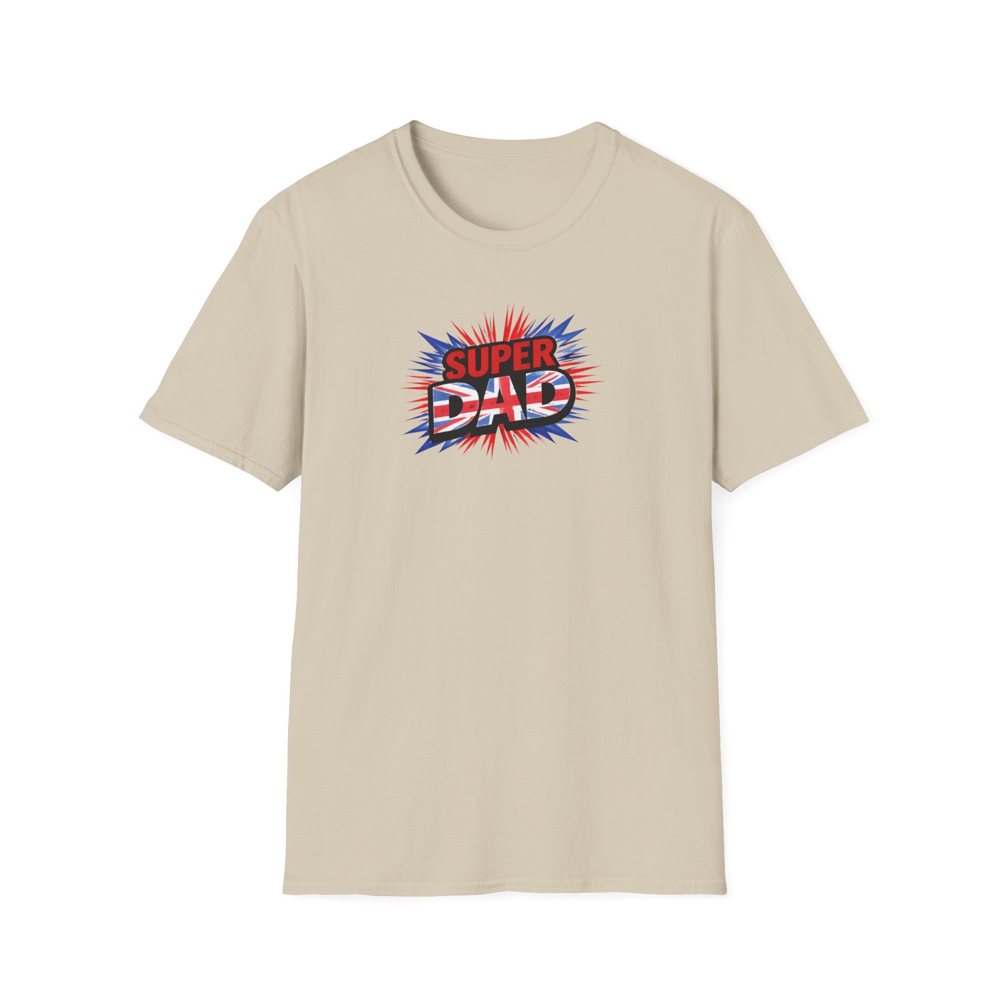 Super Dad T-Shirt – Union Jack Flag pattern Retro Comic Father’s Day Tee
