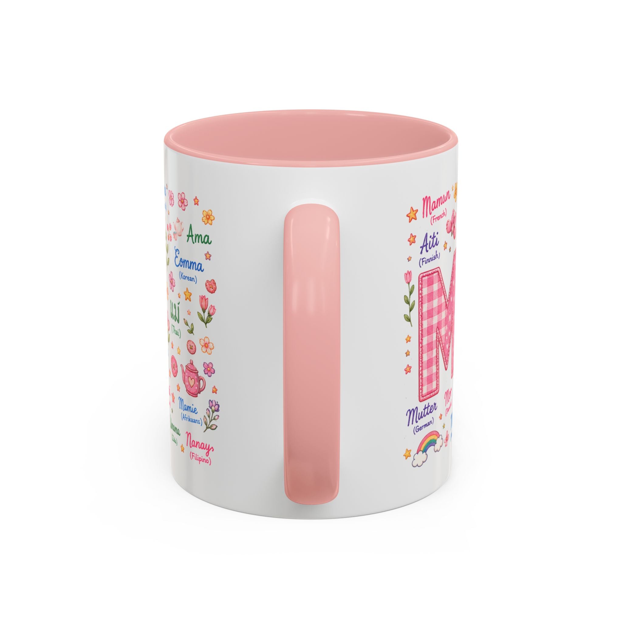 MUM Multilingual Accent Coffee Mug – 'Mum' in Many Languages, Pink Interior (11/15oz)