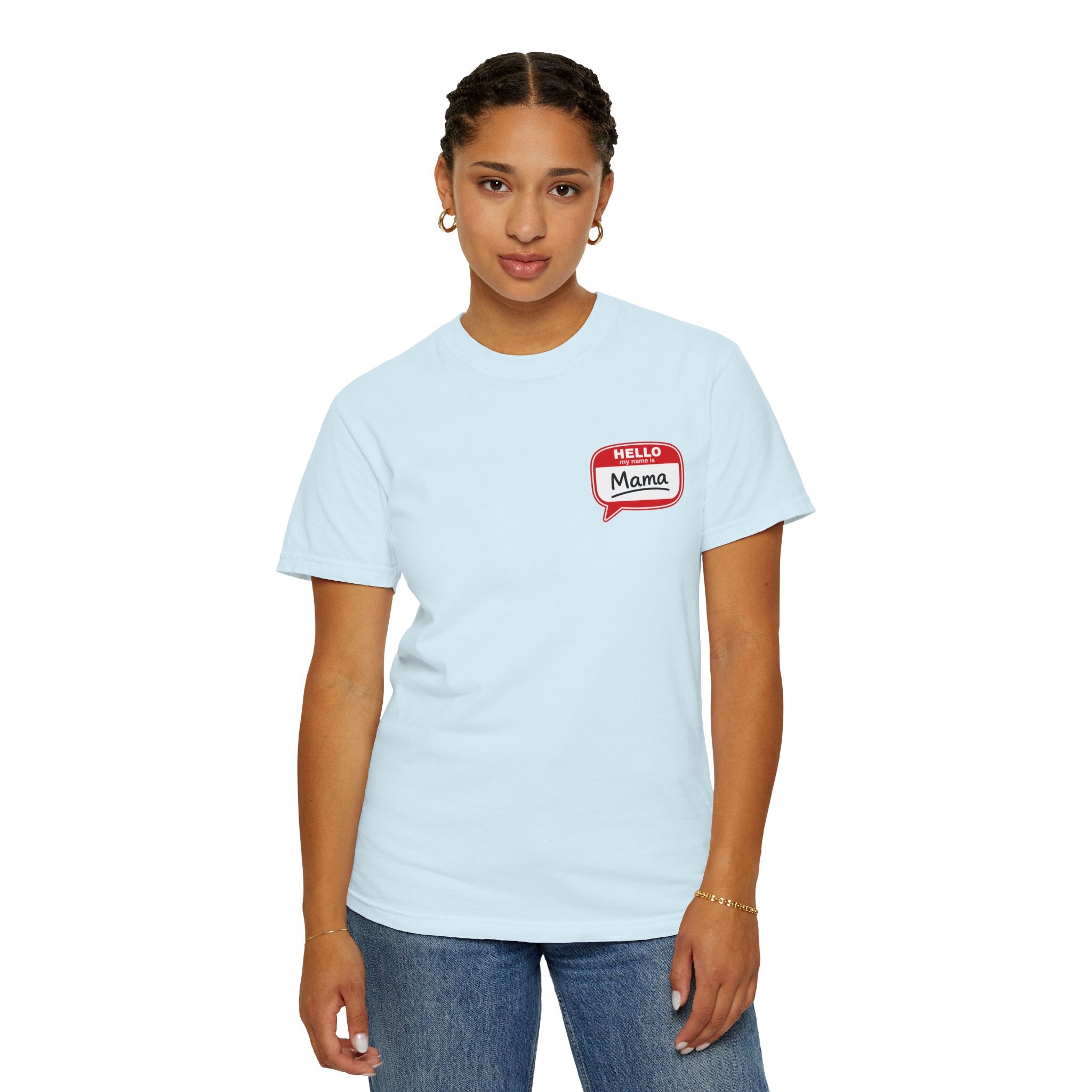 Hello Mama Pocket T‑Shirt — Cute 'Hello Mama' Name Tag Graphic Tee for New and Expecting Moms