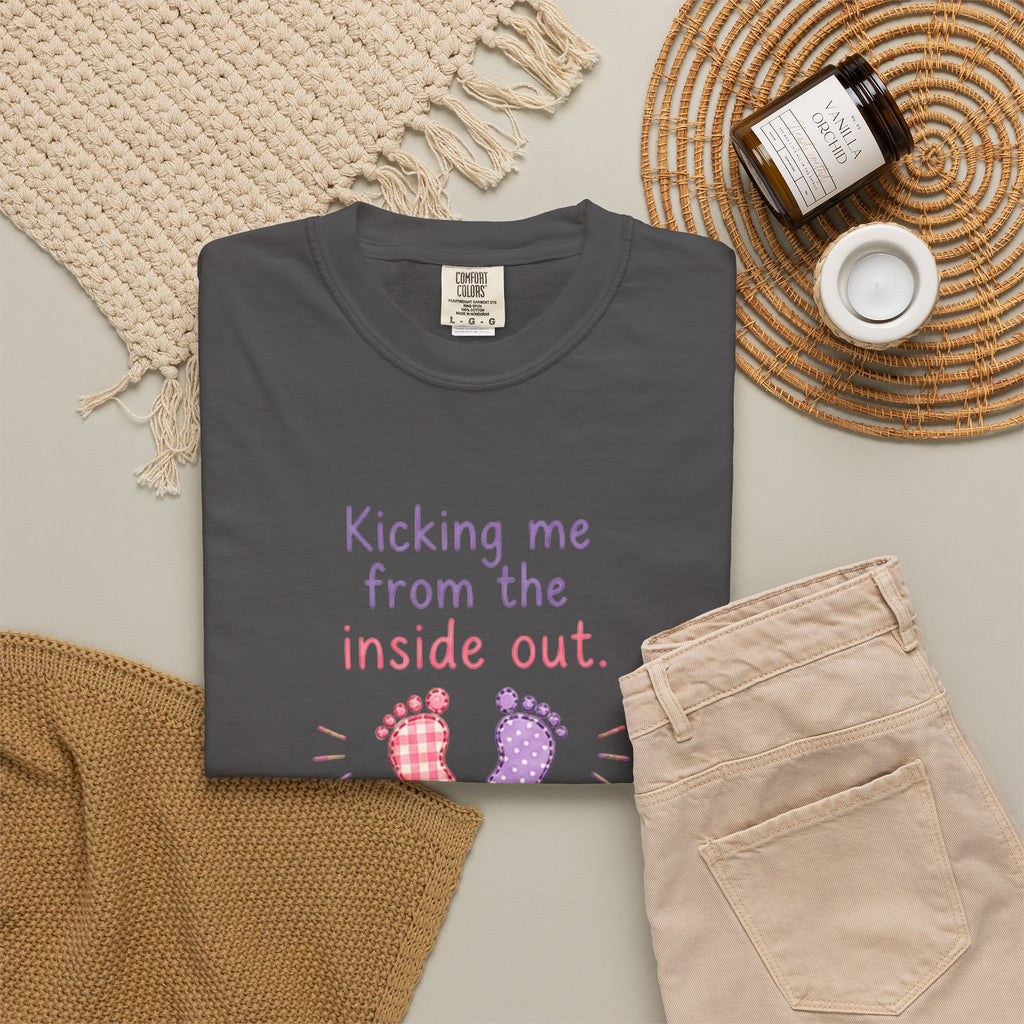 Pregnancy T-Shirt "Kicking Me From the Inside Out" — Cute Baby Footprint Maternity Tee