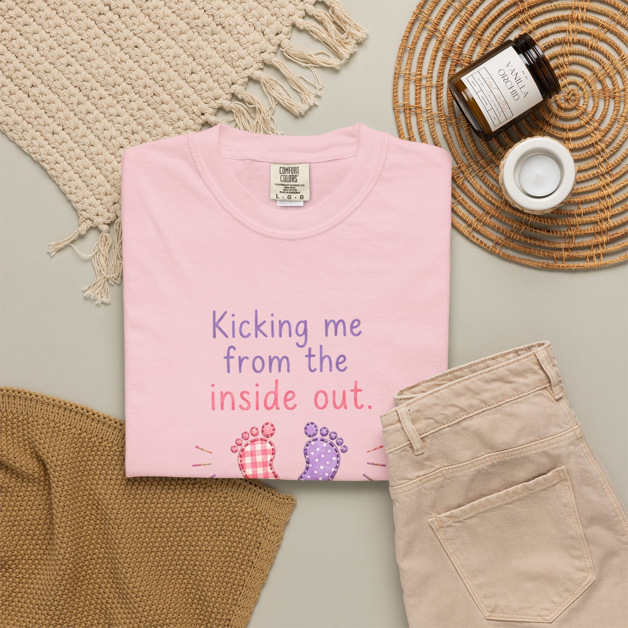 Pregnancy T-Shirt "Kicking Me From the Inside Out" — Cute Baby Footprint Maternity Tee