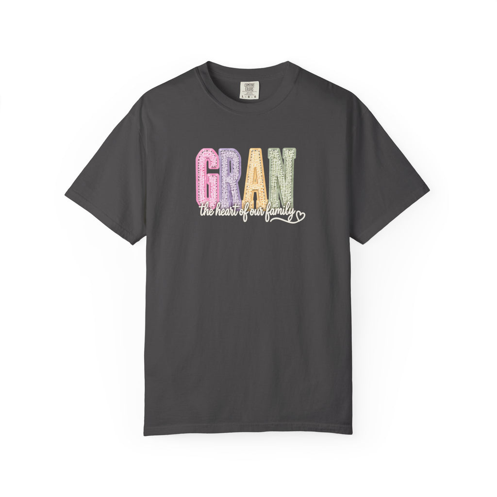 Gran Floral Script T-Shirt — "the heart of my family" Sage Garment-Dyed Tee
