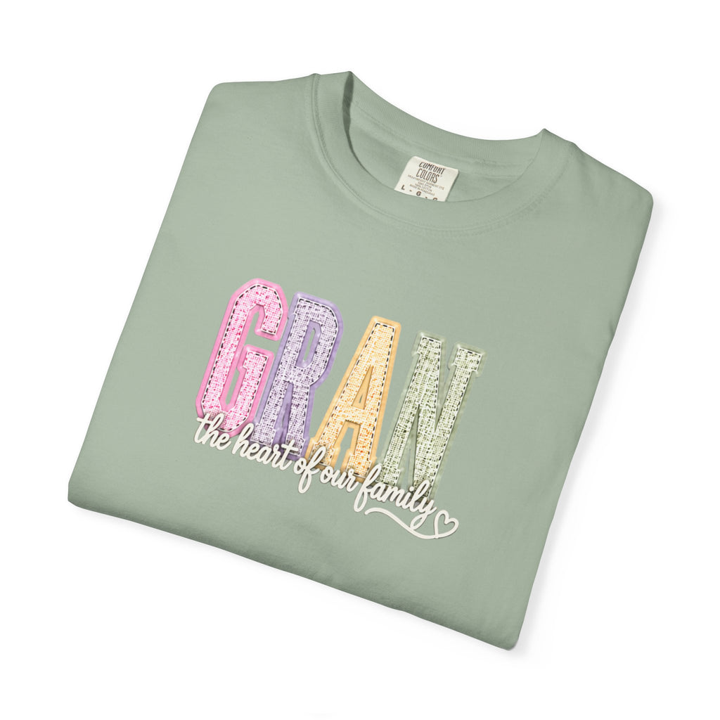 Gran Floral Script T-Shirt — "the heart of my family" Sage Garment-Dyed Tee