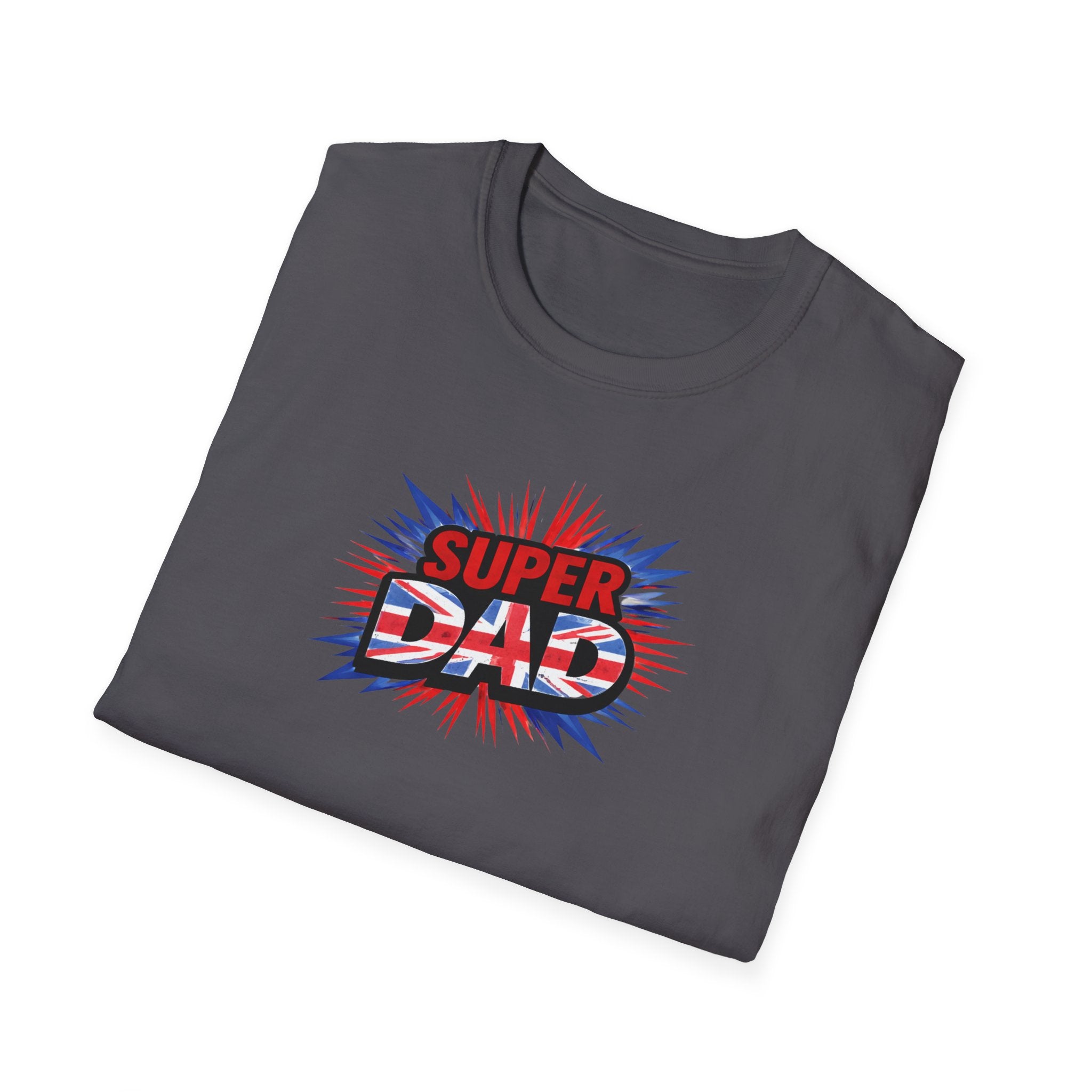 Super Dad T-Shirt – Union Jack Flag pattern Retro Comic Father’s Day Tee