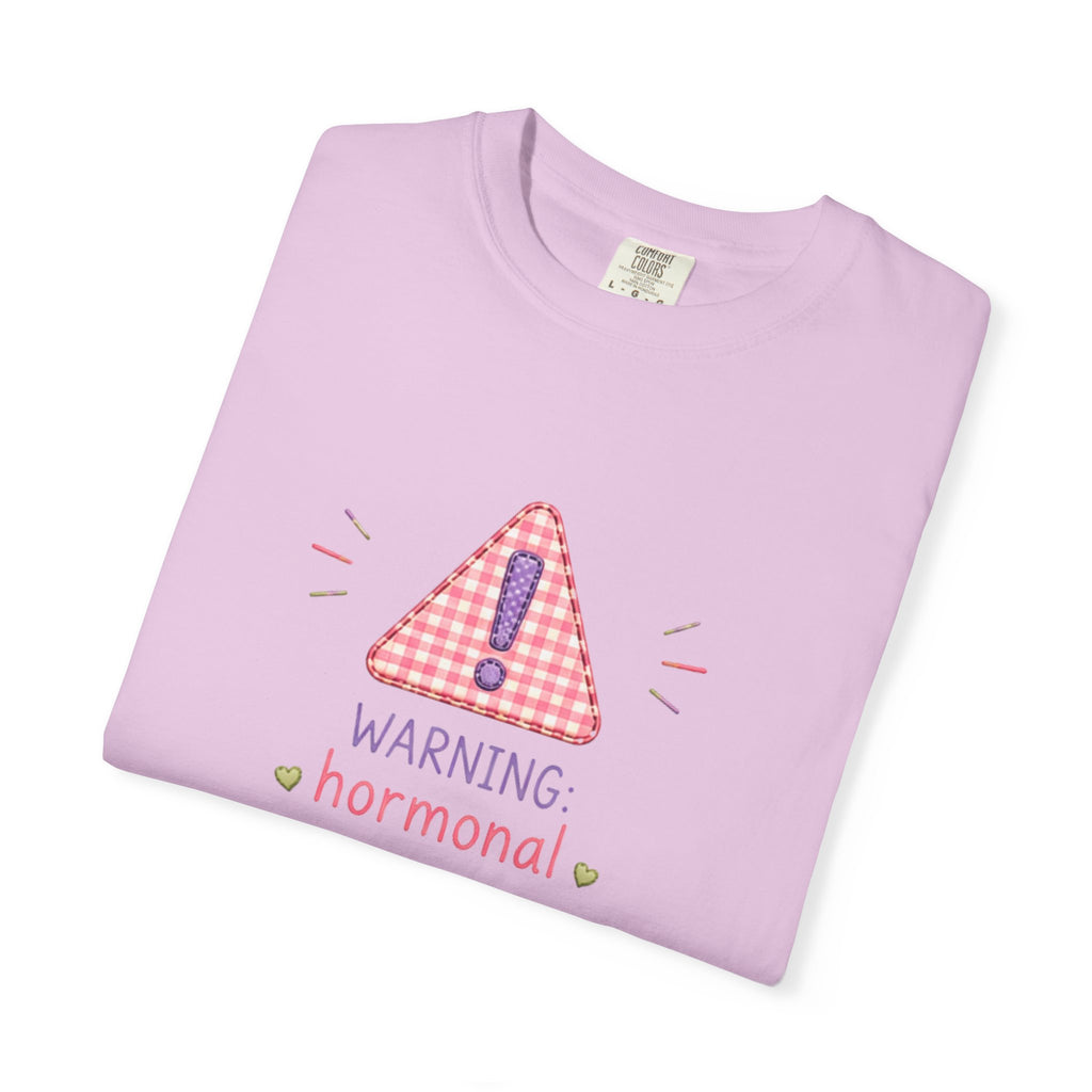 T-Shirt — "Warning: Hormonal" Cute Pink Gingham Alert Graphic