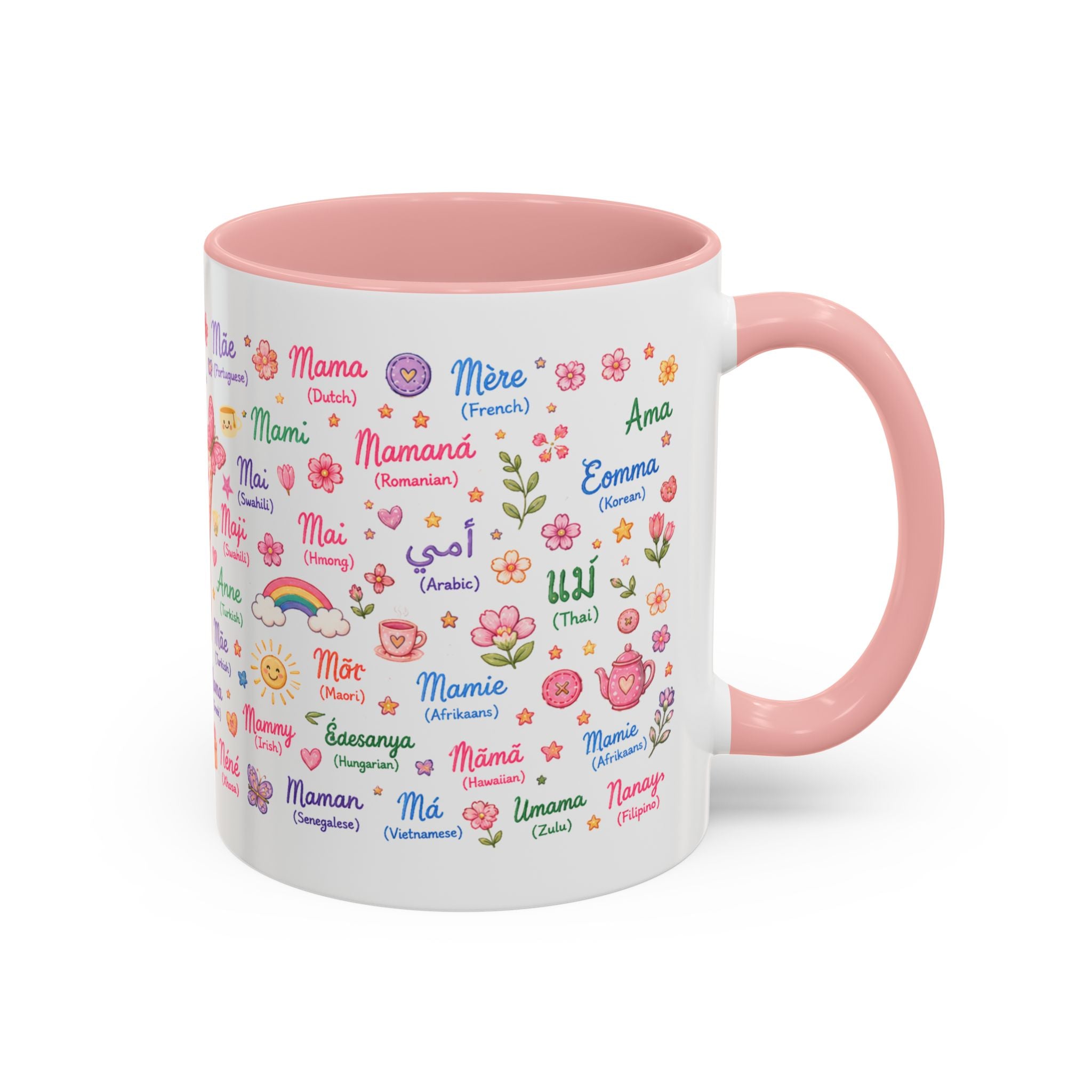 Mommy Coffee Mug — Colorful Multilingual 'Mom' Names Floral Accent 11/15oz