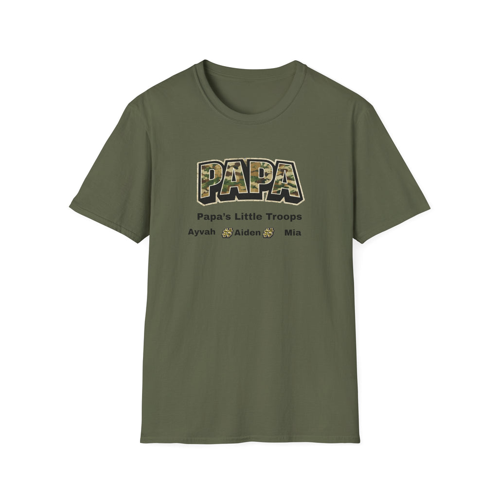 Papa Camo T-Shirt — “Papa’s Little Troops” Personalized Kids Names Tee