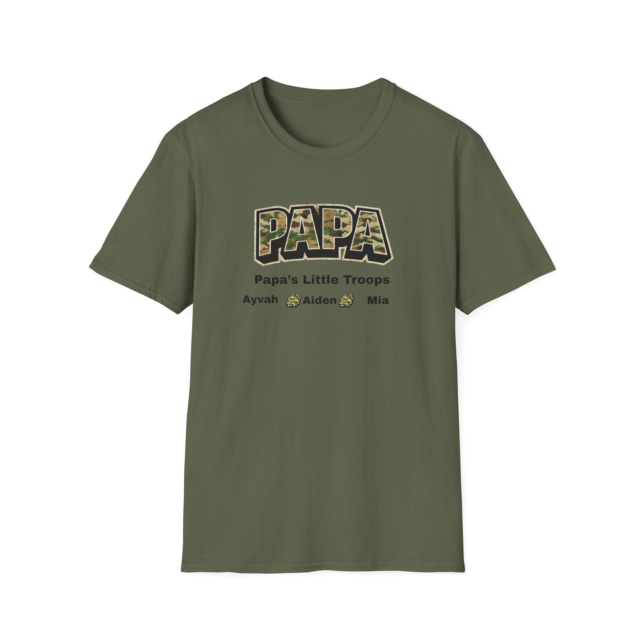 Papa Camo T-Shirt — “Papa’s Little Troops” Personalized Kids Names Tee
